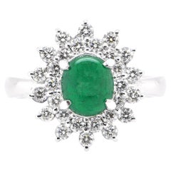 1.17 Carat Natural Emerald Cabochon and Diamond Ring Set in Platinum