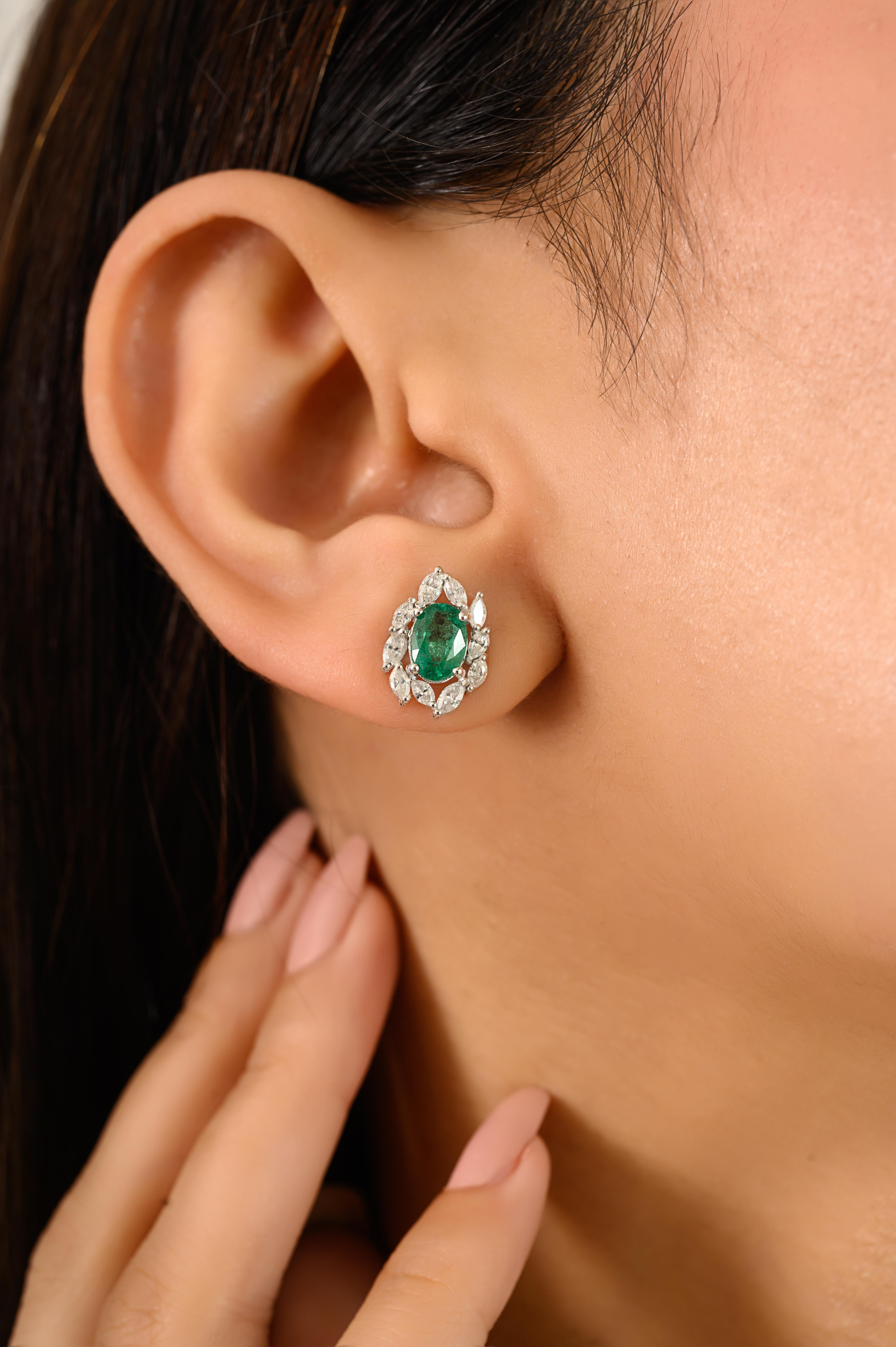 1.17 Carat Natural Emerald Cluster Stud Earrings with Diamonds in 14k White Gold For Sale 4