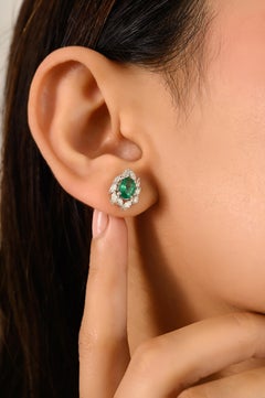 1.17 Carat Natural Emerald Cluster Stud Earrings with Diamonds in 14k White Gold