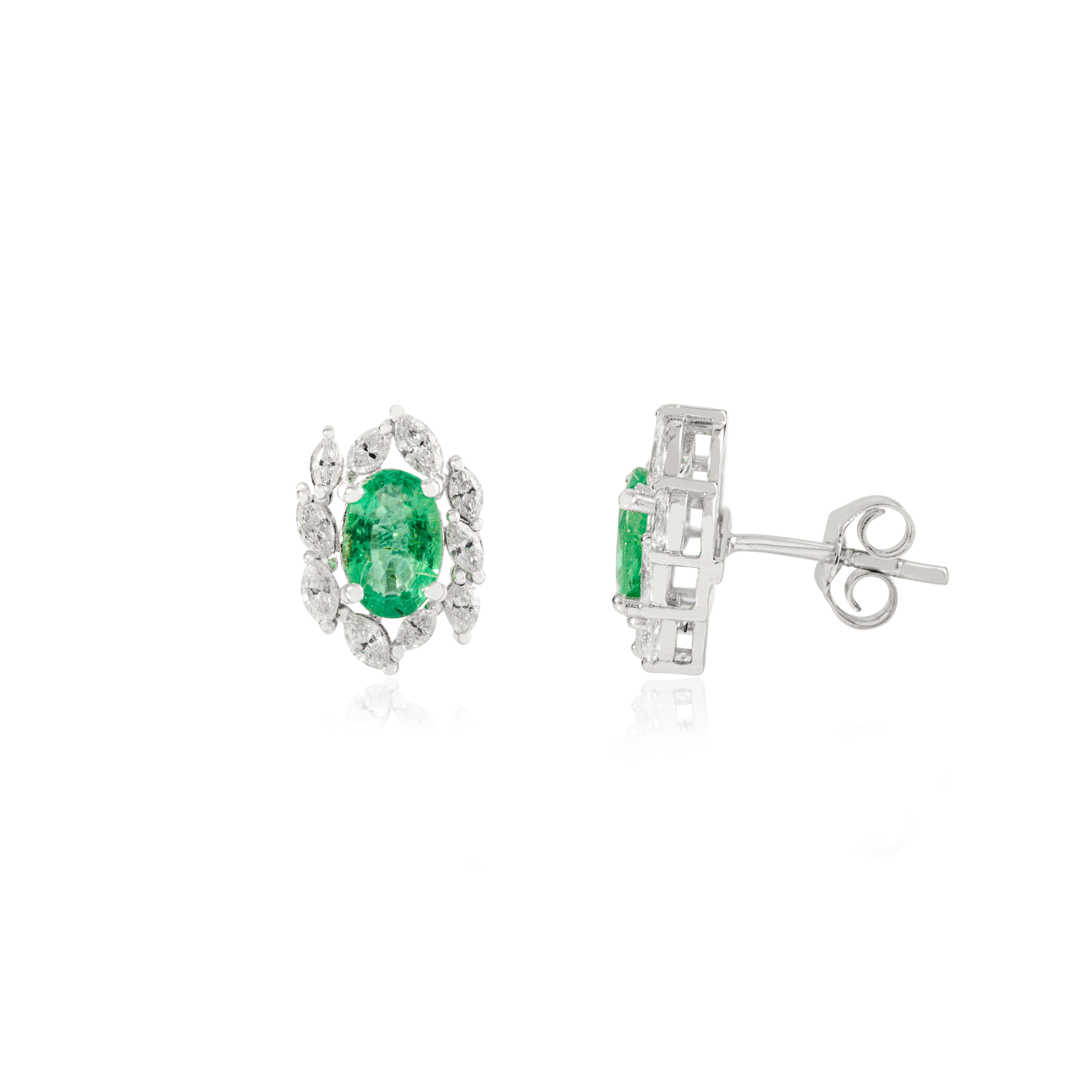Modern 1.17 Carat Natural Emerald Cluster Stud Earrings with Diamonds in 14k White Gold For Sale