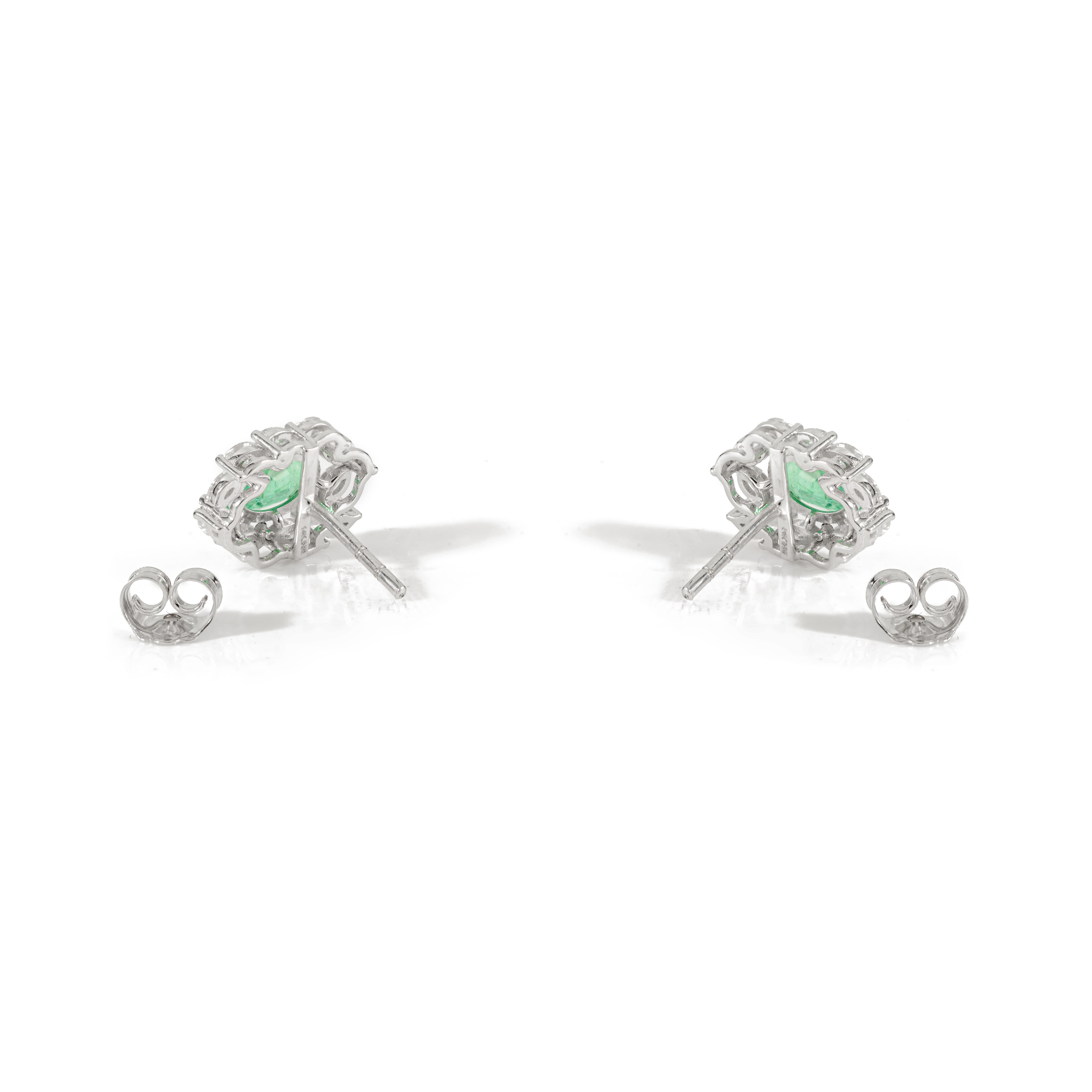 1.17 Carat Natural Emerald Cluster Stud Earrings with Diamonds in 14k White Gold For Sale 1