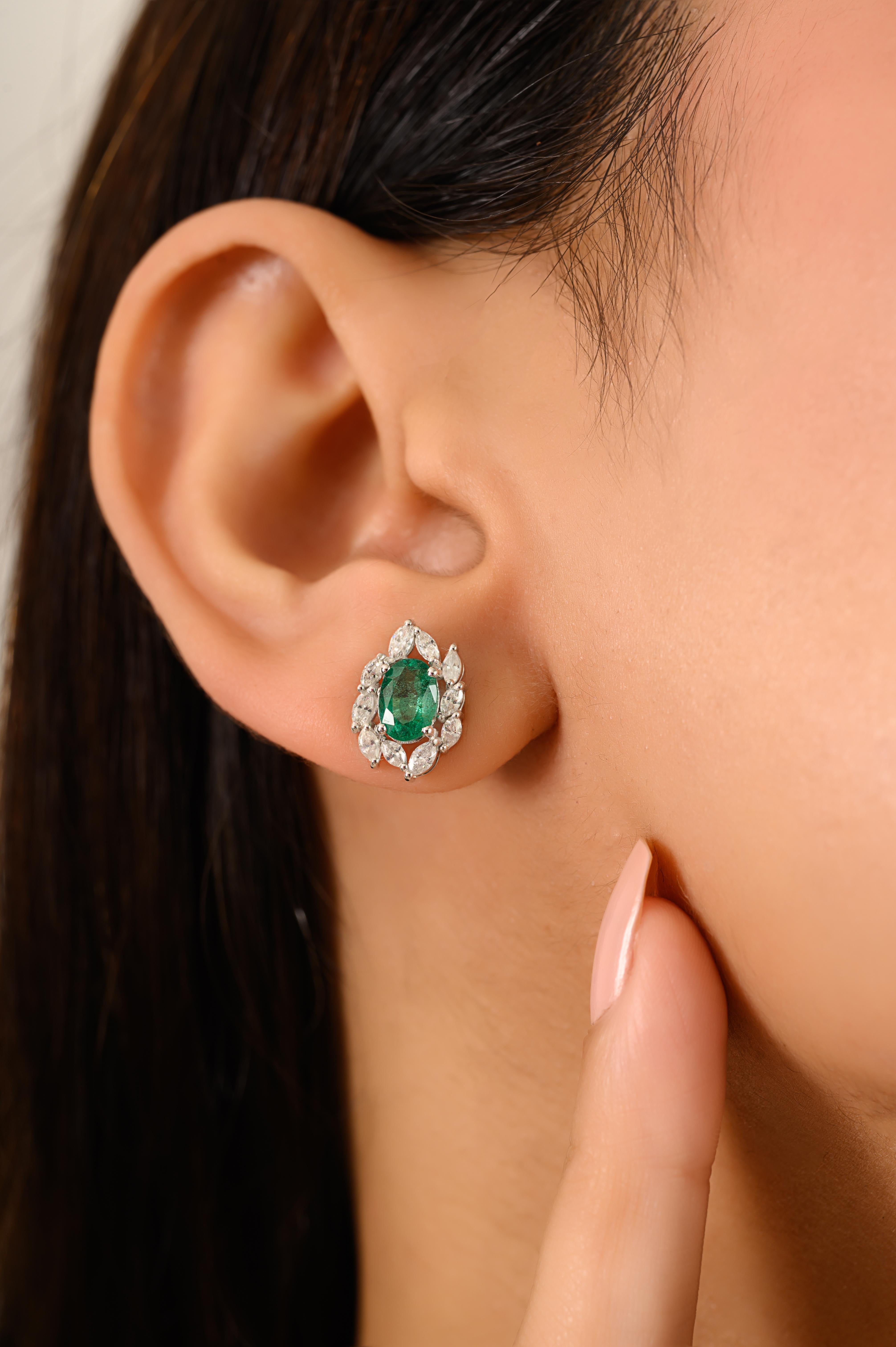 1.17 Carat Natural Emerald Cluster Stud Earrings with Diamonds in 14k White Gold For Sale 2