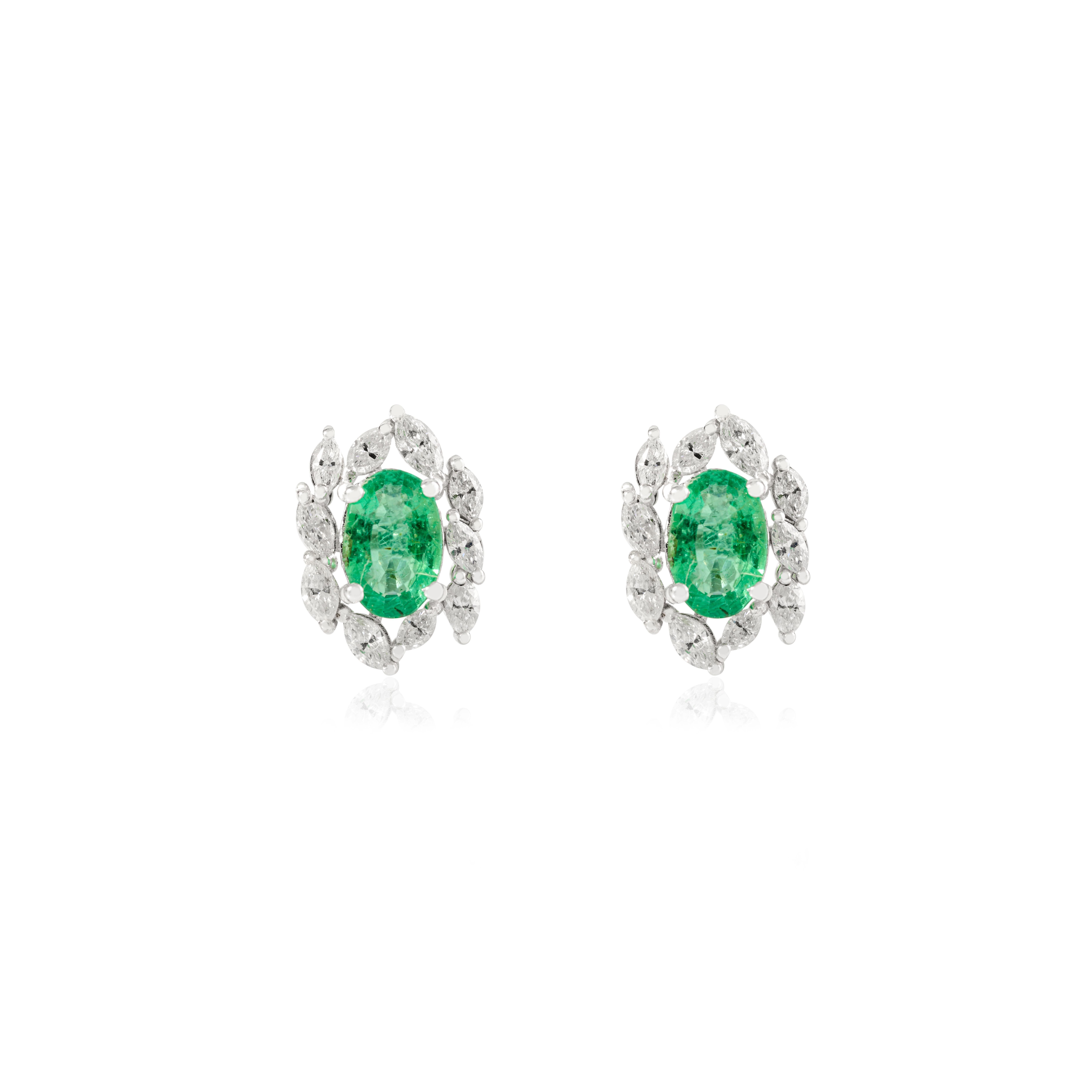 1.17 Carat Natural Emerald Cluster Stud Earrings with Diamonds in 14k White Gold For Sale 3