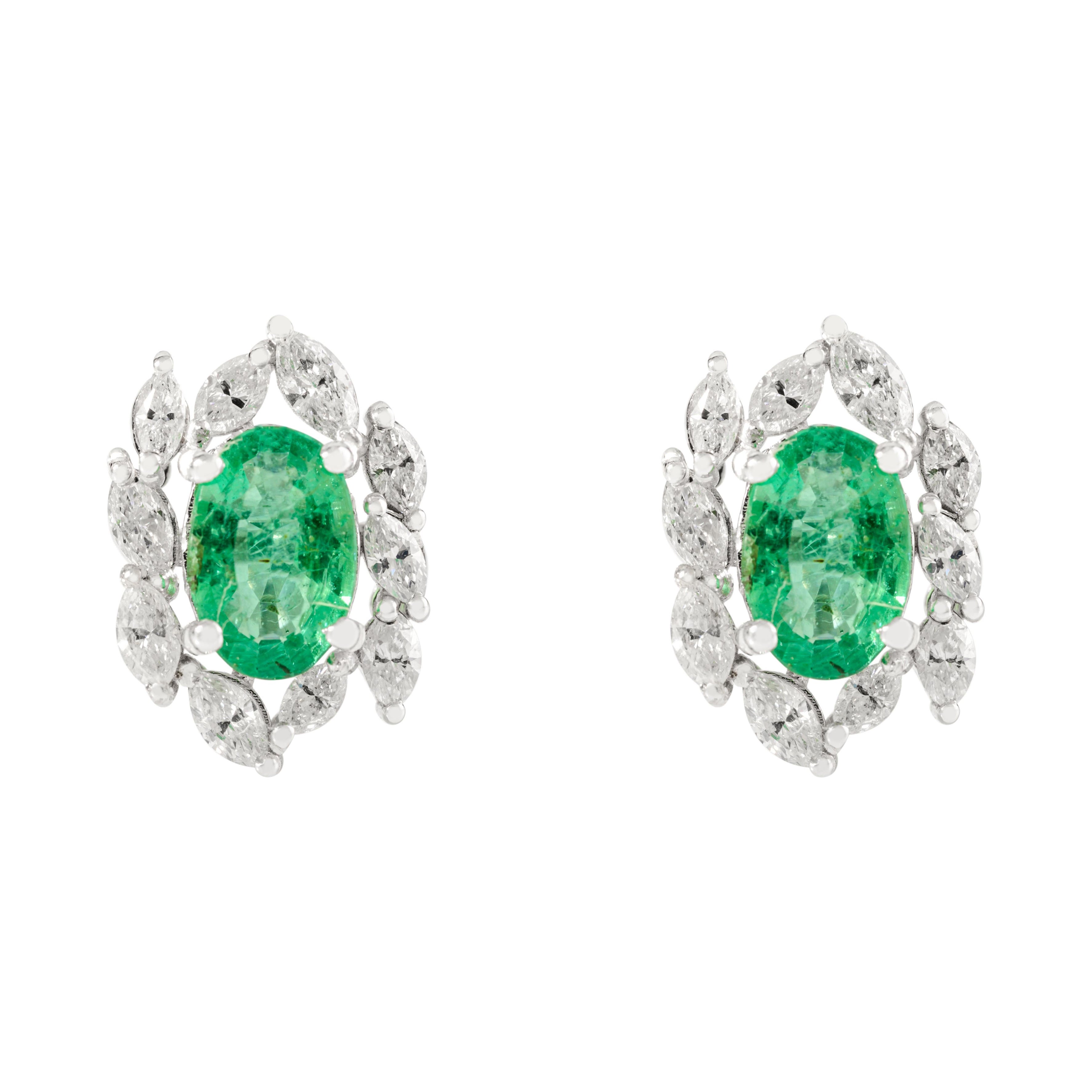 1.17 Carat Natural Emerald Cluster Stud Earrings with Diamonds in 14k White Gold For Sale
