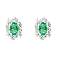 1.17 Carat Natural Emerald Cluster Stud Earrings with Diamonds in 14k White Gold