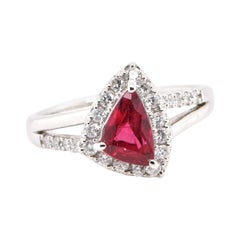 1.17 Carat, Natural, Fancy-Cut Ruby and Diamond Halo Ring Set in Platinum