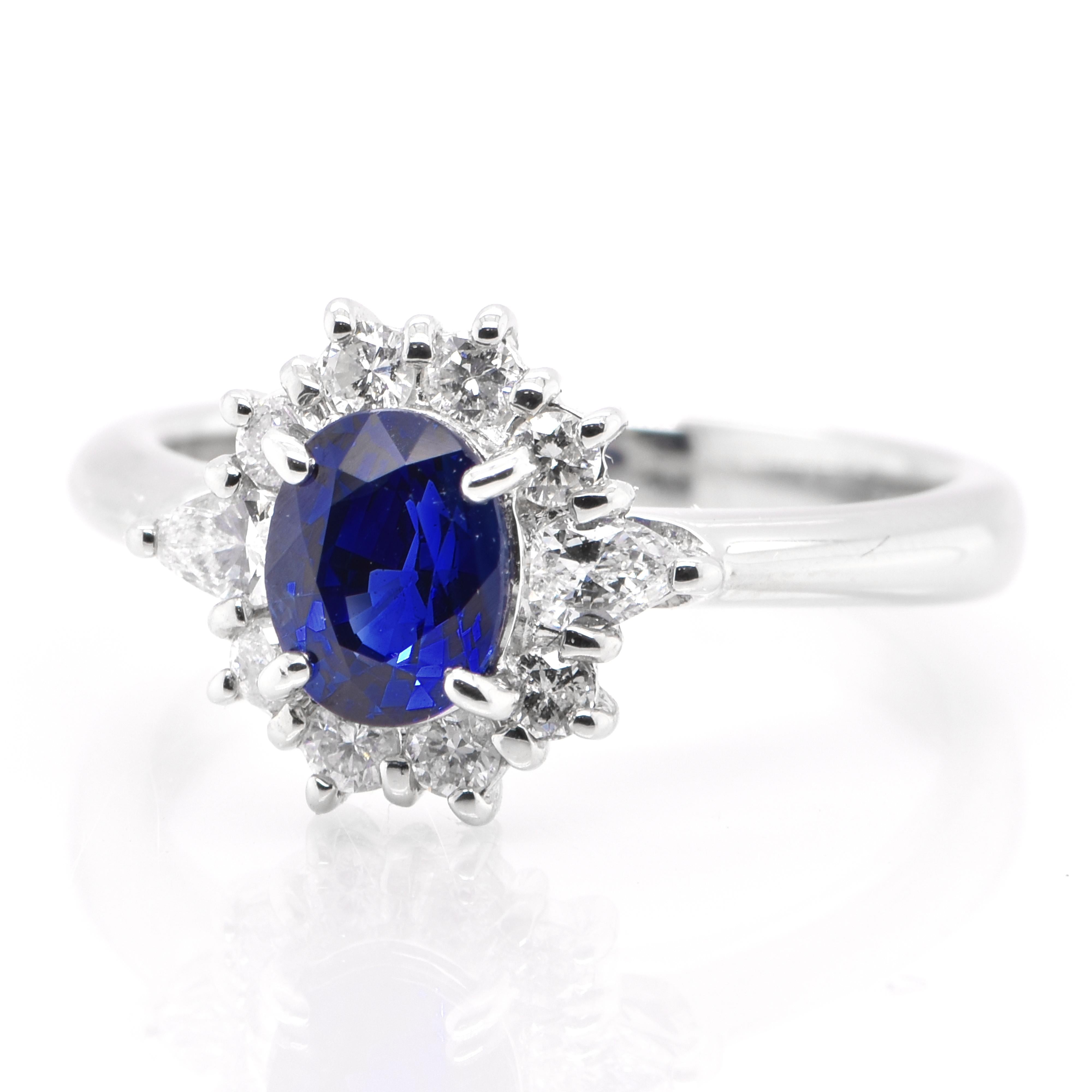 A beautiful Engagement Ring featuring a 1.17 Carat, Natural Sapphire and 0.43 Carats Diamond Accents set in Platinum. Sapphires have extraordinary durability - they excel in hardness as well as toughness and durability making them very popular in