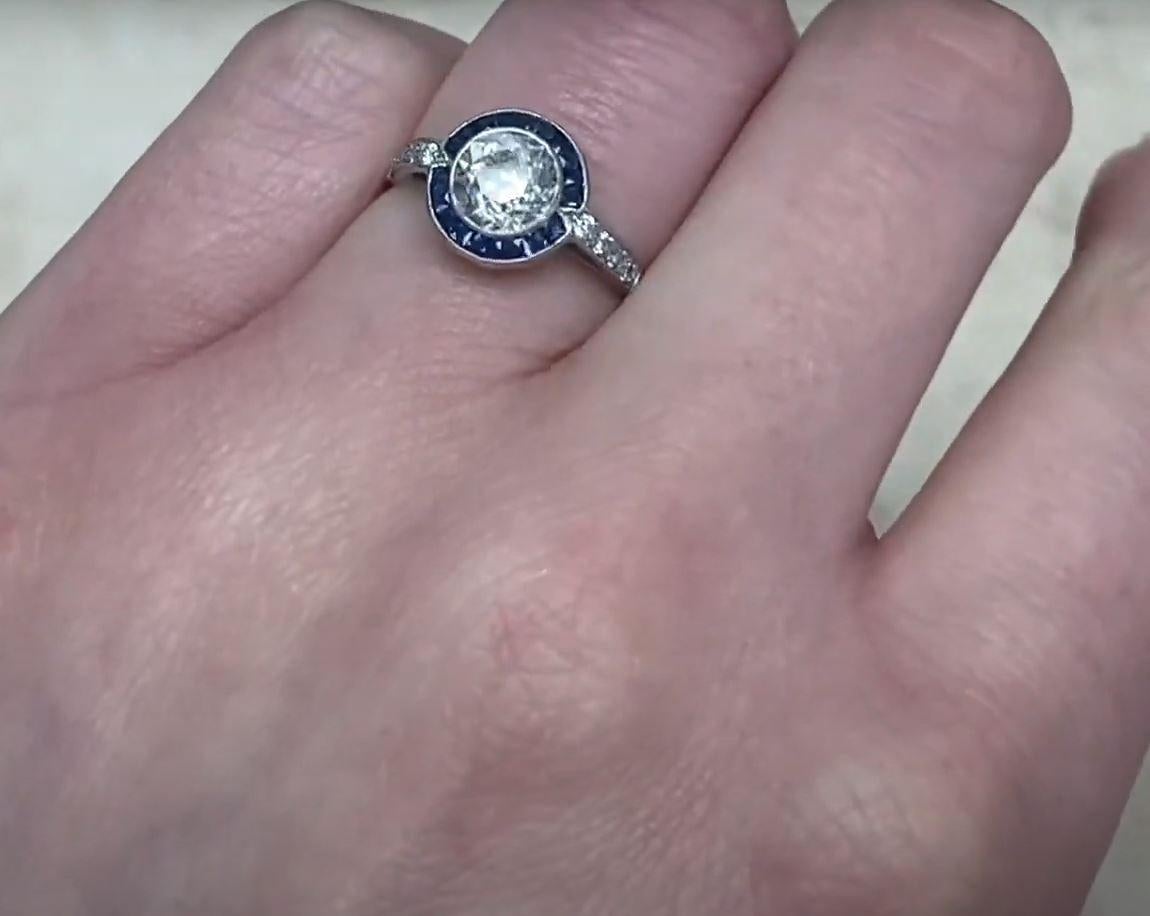 1.17 Carat Old Euro-Cut Diamond Engagement Ring, VS1 Clarity, Sapphire Halo For Sale 2