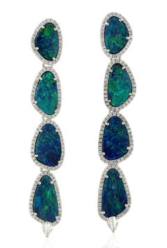 11.7 Carat Opal 18 Karat White Gold Tiered Drop Diamond Earrings