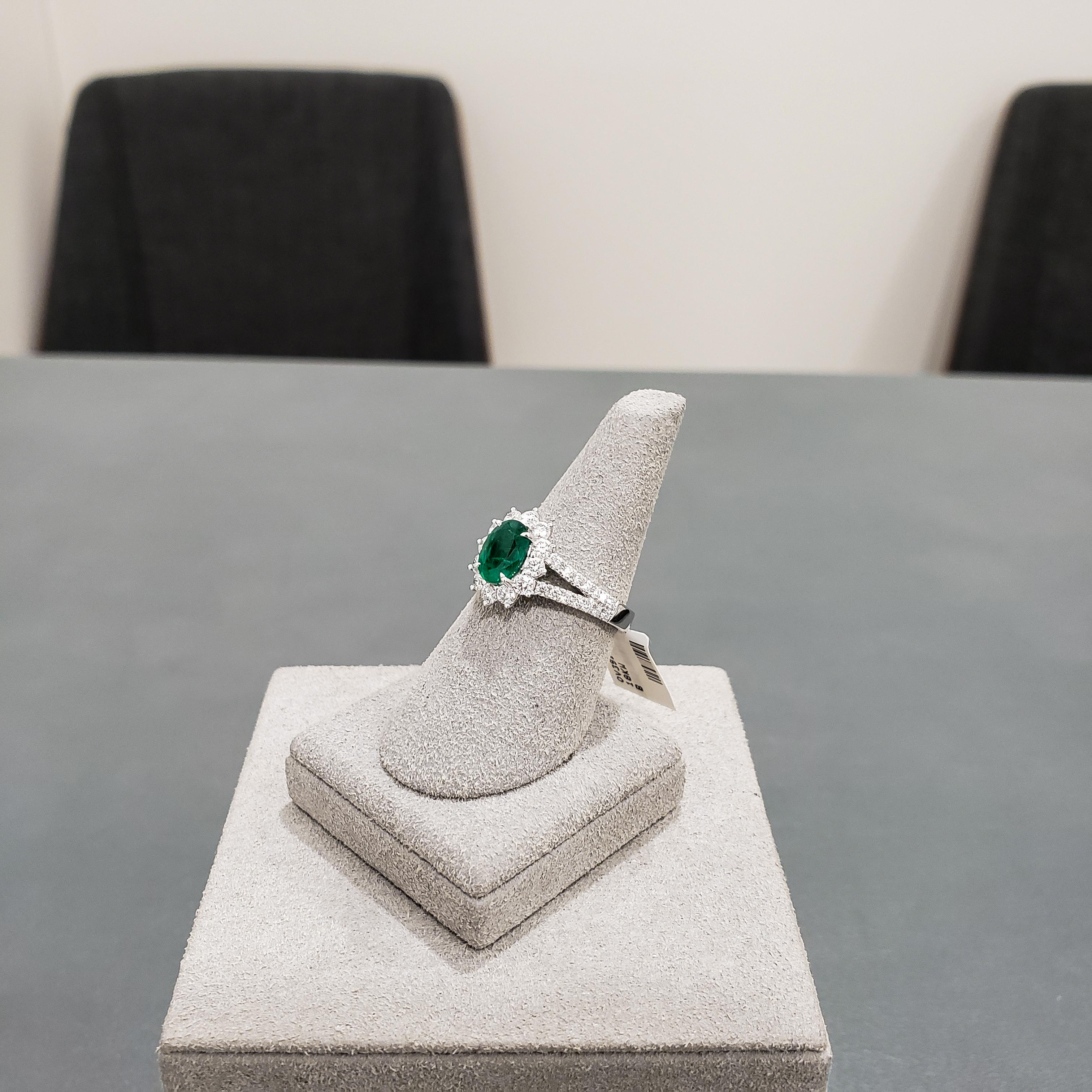 Women's Roman Malakov 1.17 Carat Oval Cut Green Emerald and Diamond Halo Engagement Ring For Sale