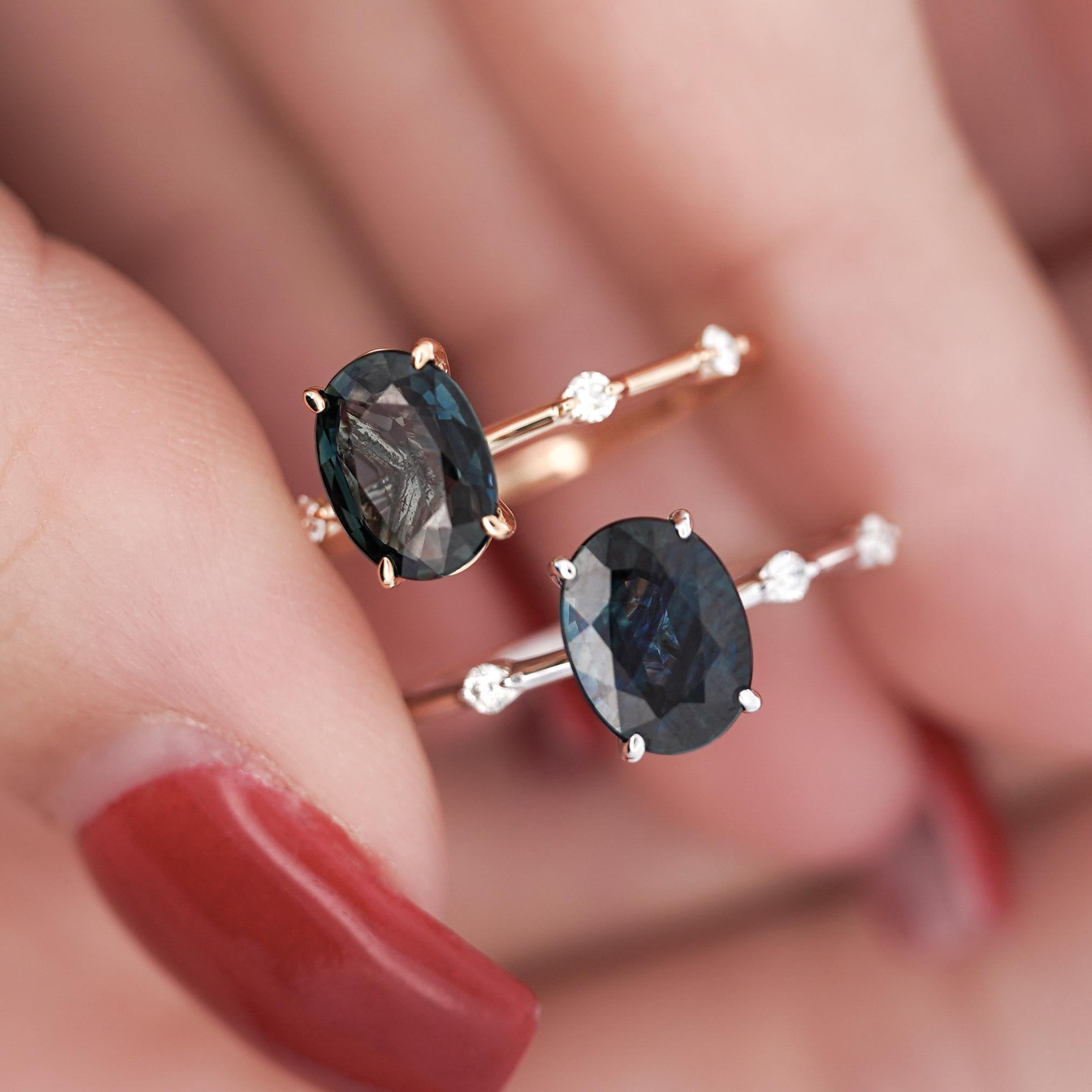 1,17 Karat Ovalschliff Saphir dünner Diamantring 14K Goldring im Angebot 3