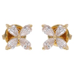 1.17 Carat Pear Shape Diamond Flower Stud Earrings 14 Karat Yellow Gold Jewelry