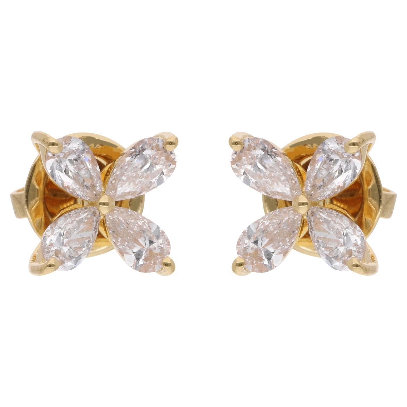 1.17 Carat Pear Shape Diamond Flower Stud Earrings 14 Karat Yellow Gold Jewelry