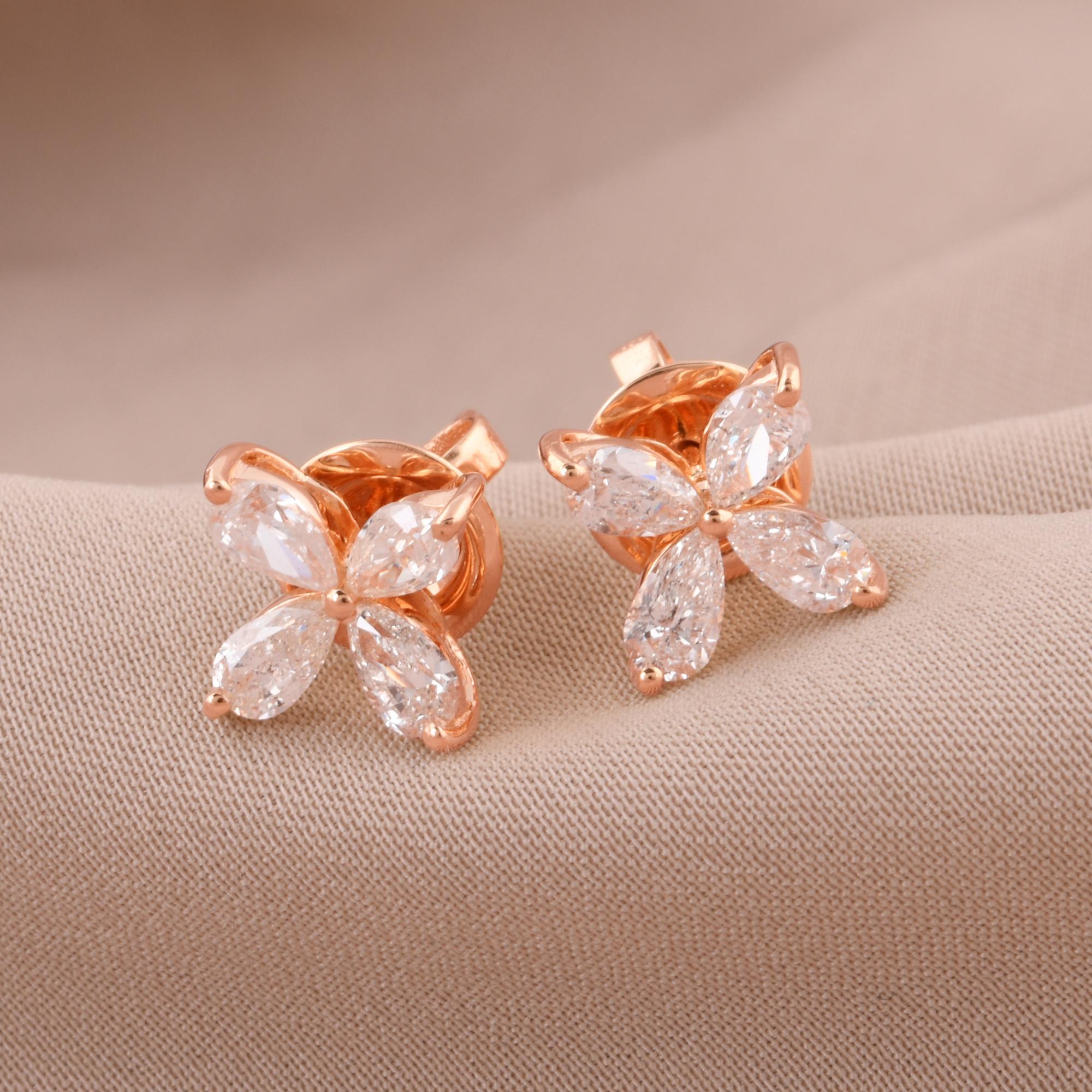 Modern 1.17 Carat Pear Shape Diamond Flower Stud Earrings 18 Karat Rose Gold Jewelry For Sale