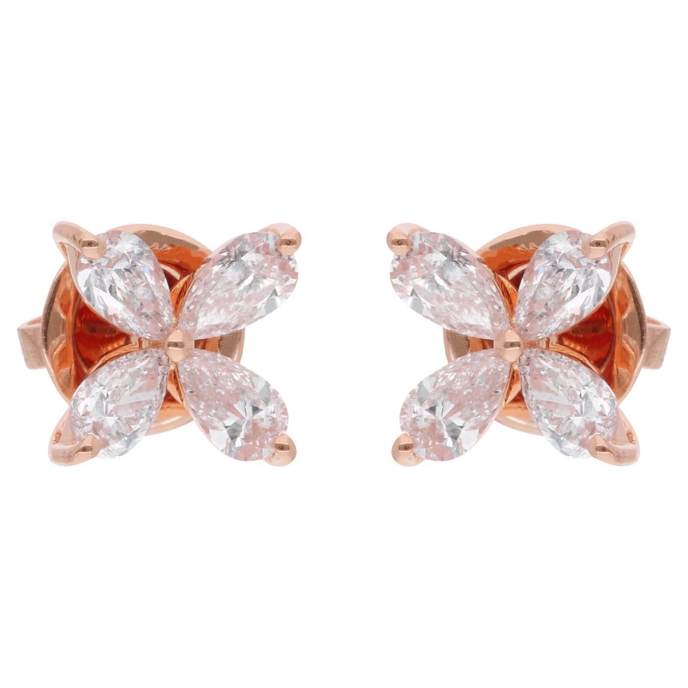 1.17 Carat Pear Shape Diamond Flower Stud Earrings 18 Karat Rose Gold Jewelry For Sale