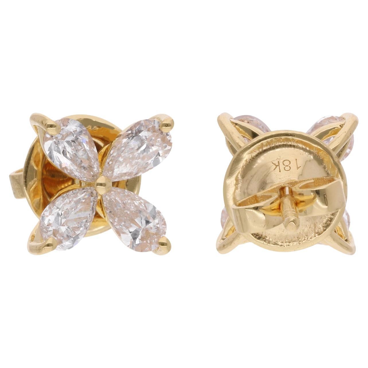 1.17 Carat Pear Shape Diamond Flower Stud Earrings 18 Karat Yellow Gold Jewelry For Sale