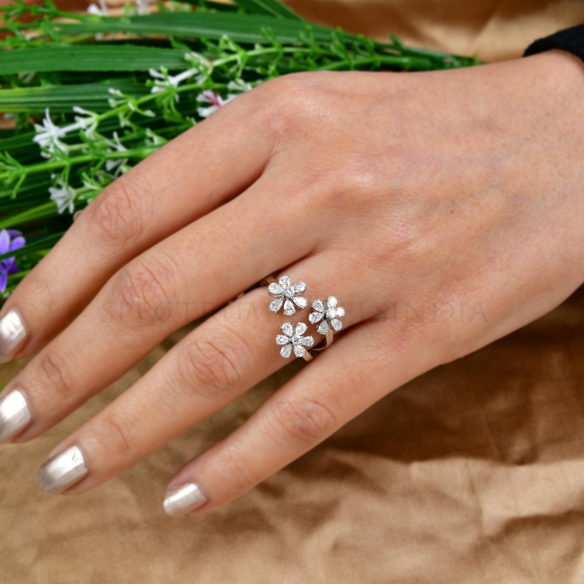Modern 1.17 Carat Round & Pear Diamond Flower Ring 18 Karat White Gold Handmade Jewelry For Sale