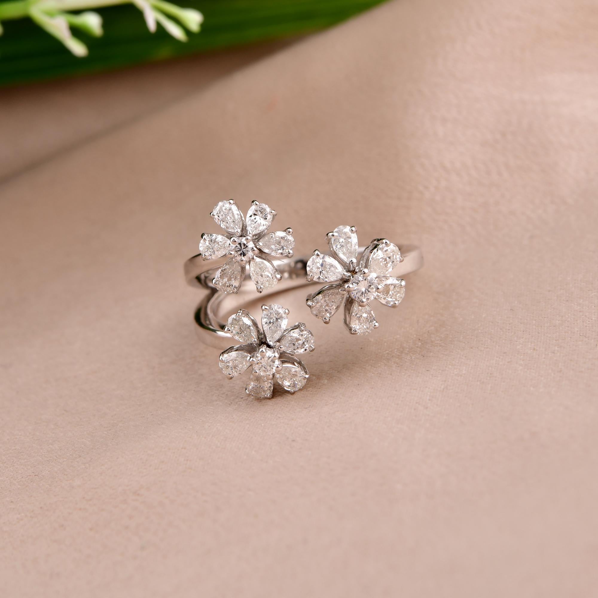 Pear Cut 1.17 Carat Round & Pear Diamond Flower Ring 18 Karat White Gold Handmade Jewelry For Sale