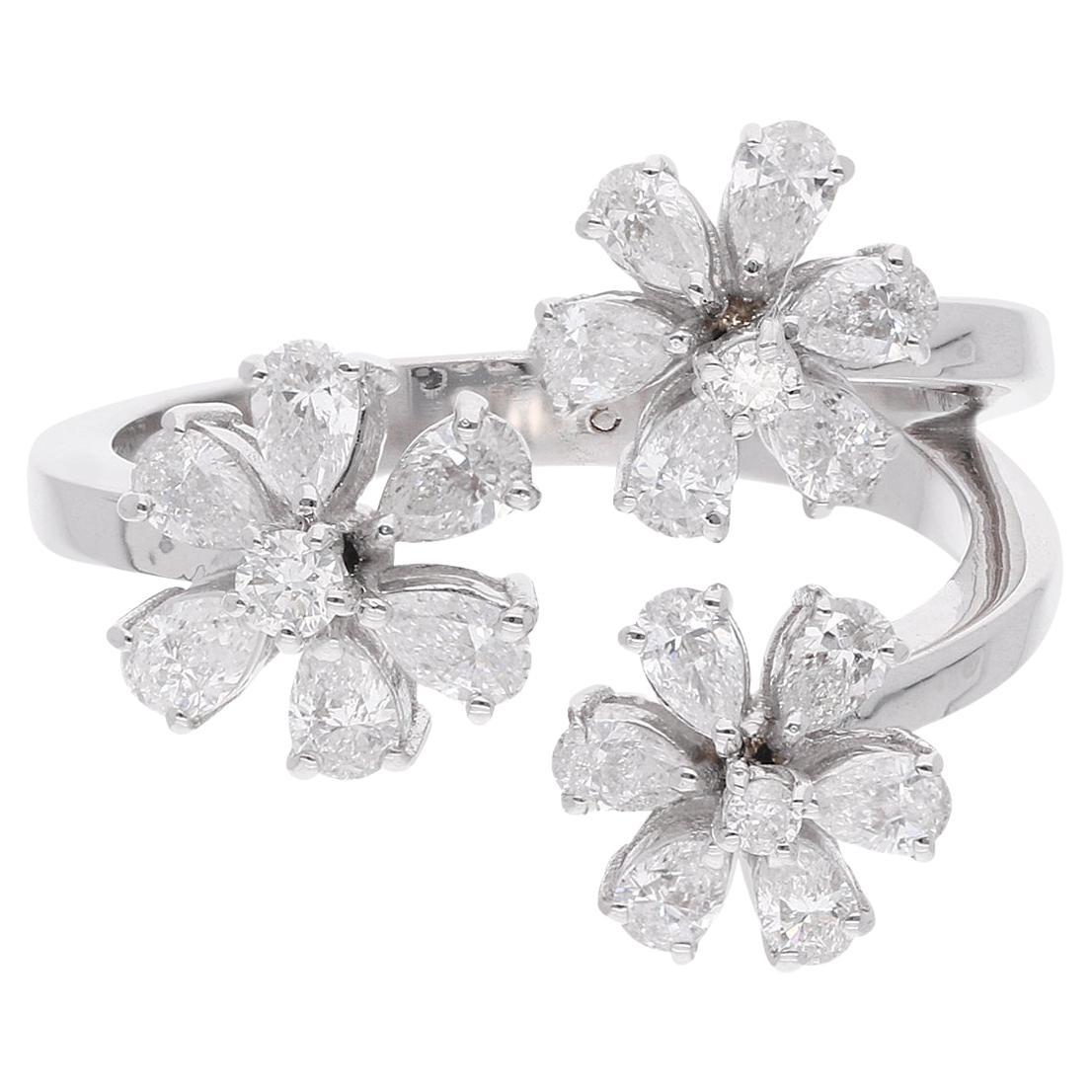 1.17 Carat Round & Pear Diamond Flower Ring 18 Karat White Gold Handmade Jewelry