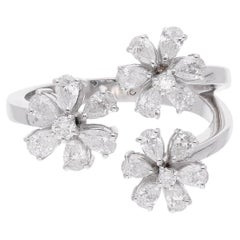 1.17 Carat Round & Pear Diamond Flower Ring 18 Karat White Gold Handmade Jewelry