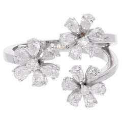 Bague fleur en or blanc 18 carats avec diamants ronds et poire de 1,17 carat, faite à la main