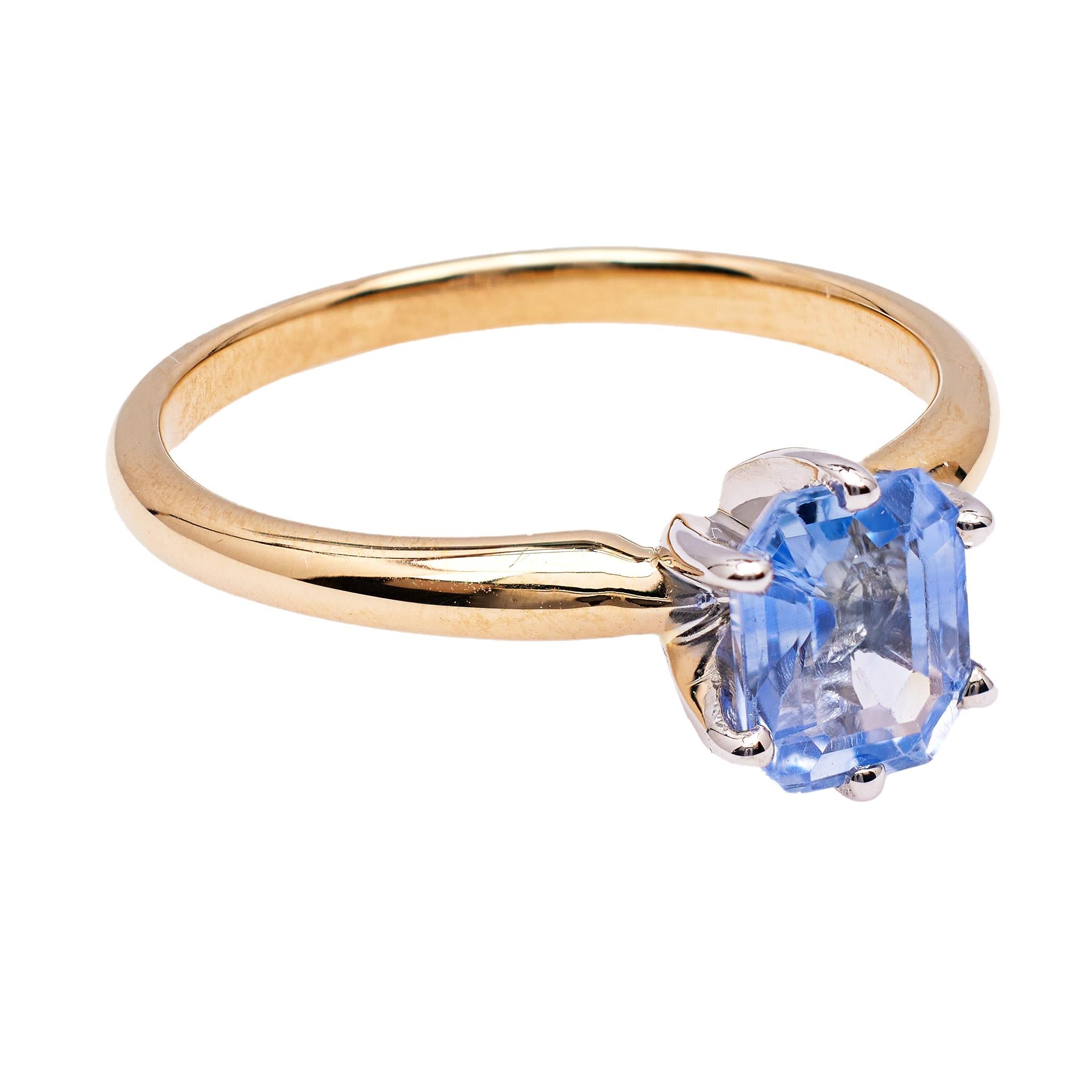 Women's or Men's 1.17 Carat Sapphire 14k Gold Two Tone Solitaire Ring