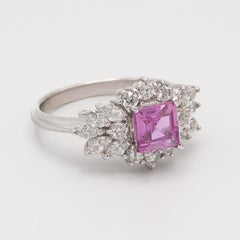 1.17 Carat Step Cut Princess Cut Natural Pink Sapphire & Diamond Ring