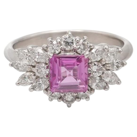 1.17 Carat Step Cut Princess Cut Natural Pink Sapphire & Diamond Ring For Sale