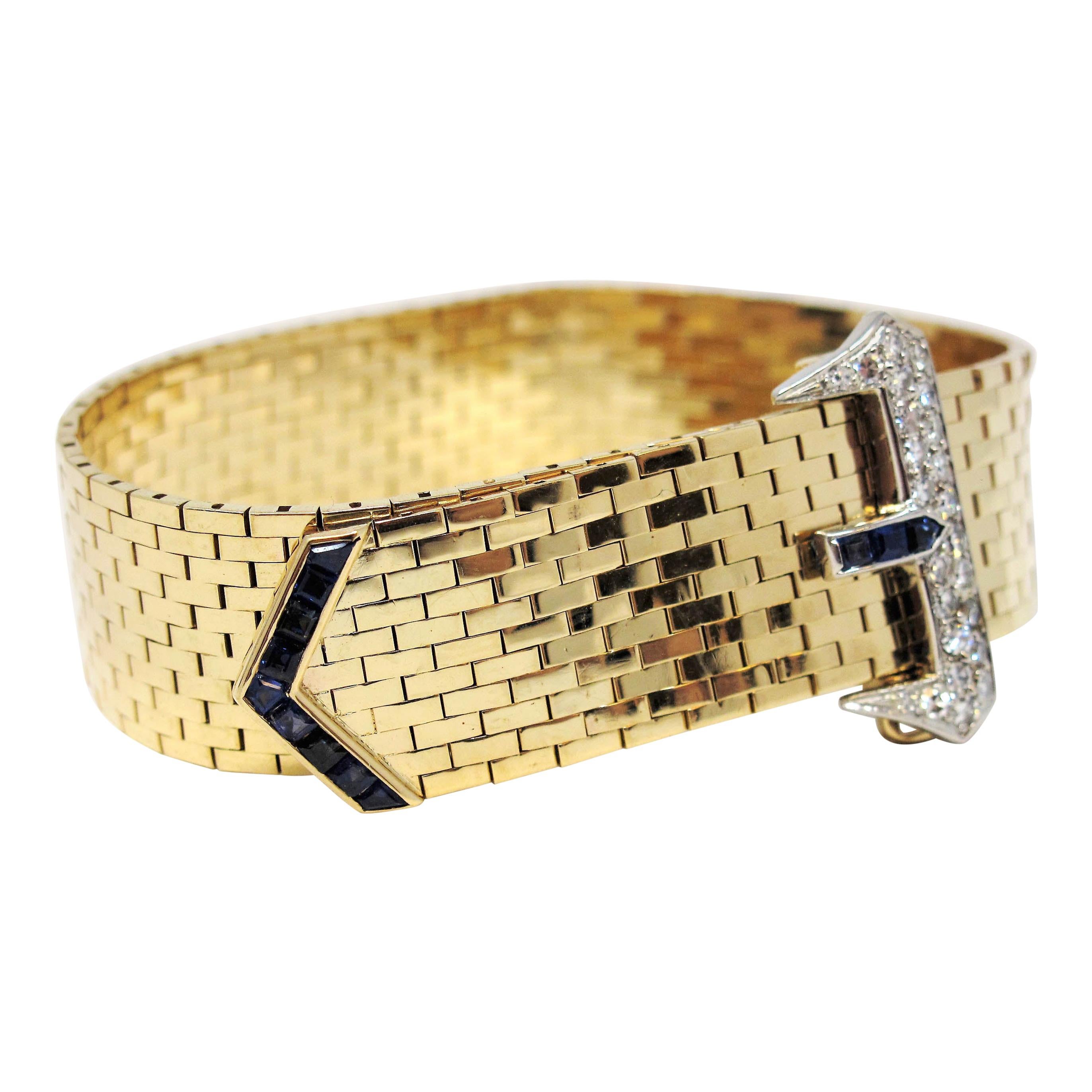 1.17 Carat Total Sapphire and Diamond Brick Link Buckle Bracelet 14 Karat Gold