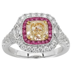 1.17 carat Yellow Diamond Red Ruby Ring Bague Art Deco en or 18K