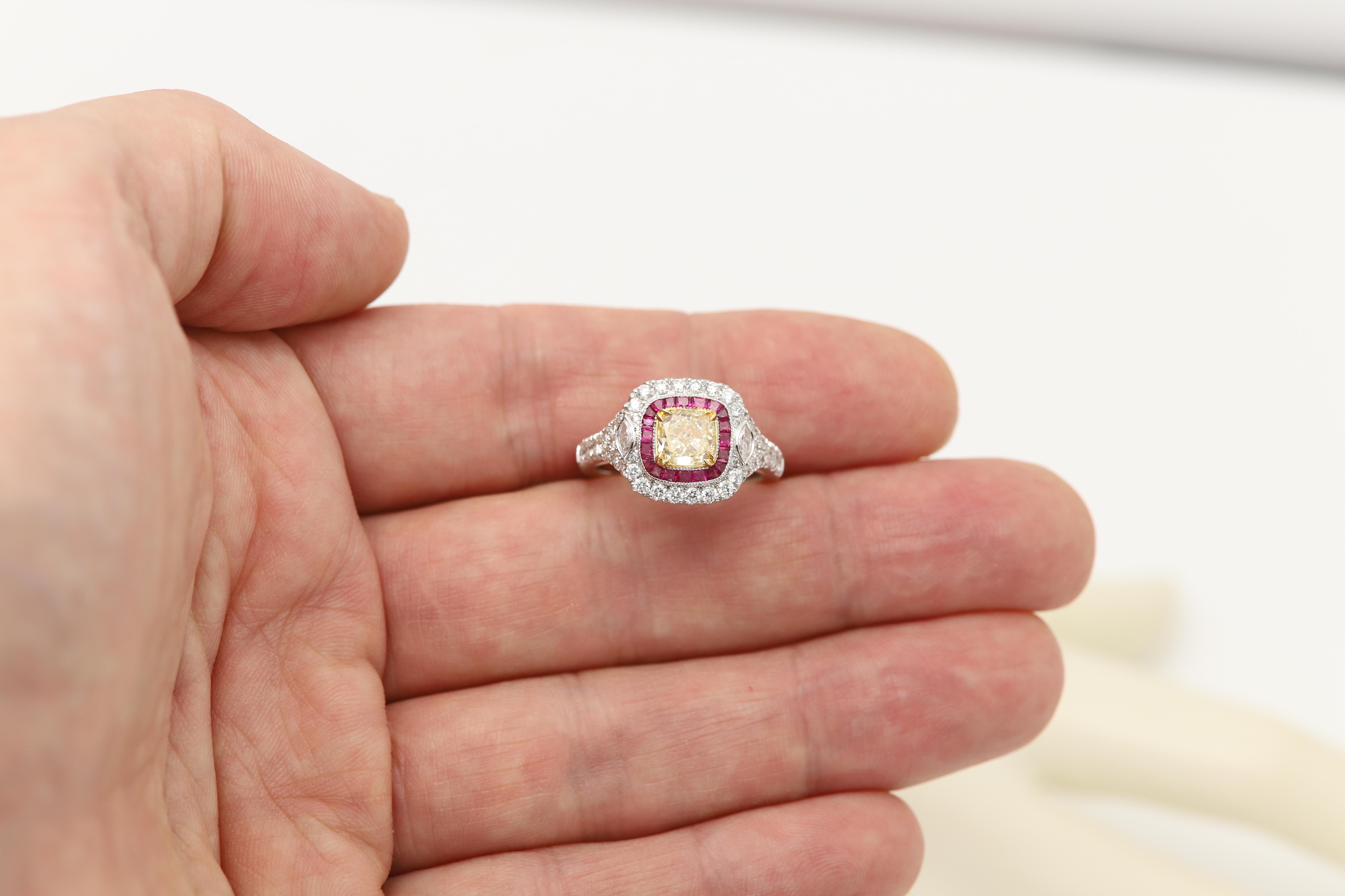 1.17 carat Yellow Diamond Red Ruby Ring 18K Gold Art Deco Ring For Sale 5