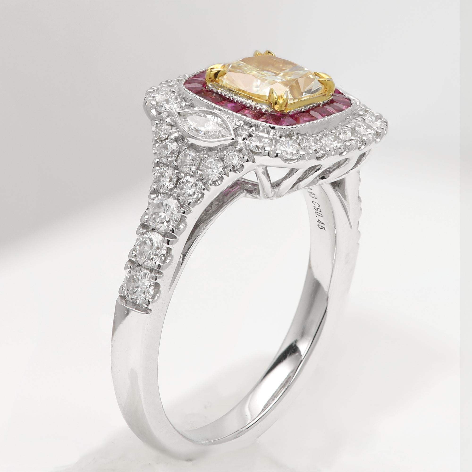 Art Deco Style 
Very Bold statement ring
Center is natural Yellow Diamond surrounded with Red Ruby. 
all around sides have cluster setting white Diamonds
All stones are Natural
18k White Gold approx weight 7.20 grams
Center Yellow Diamond size -