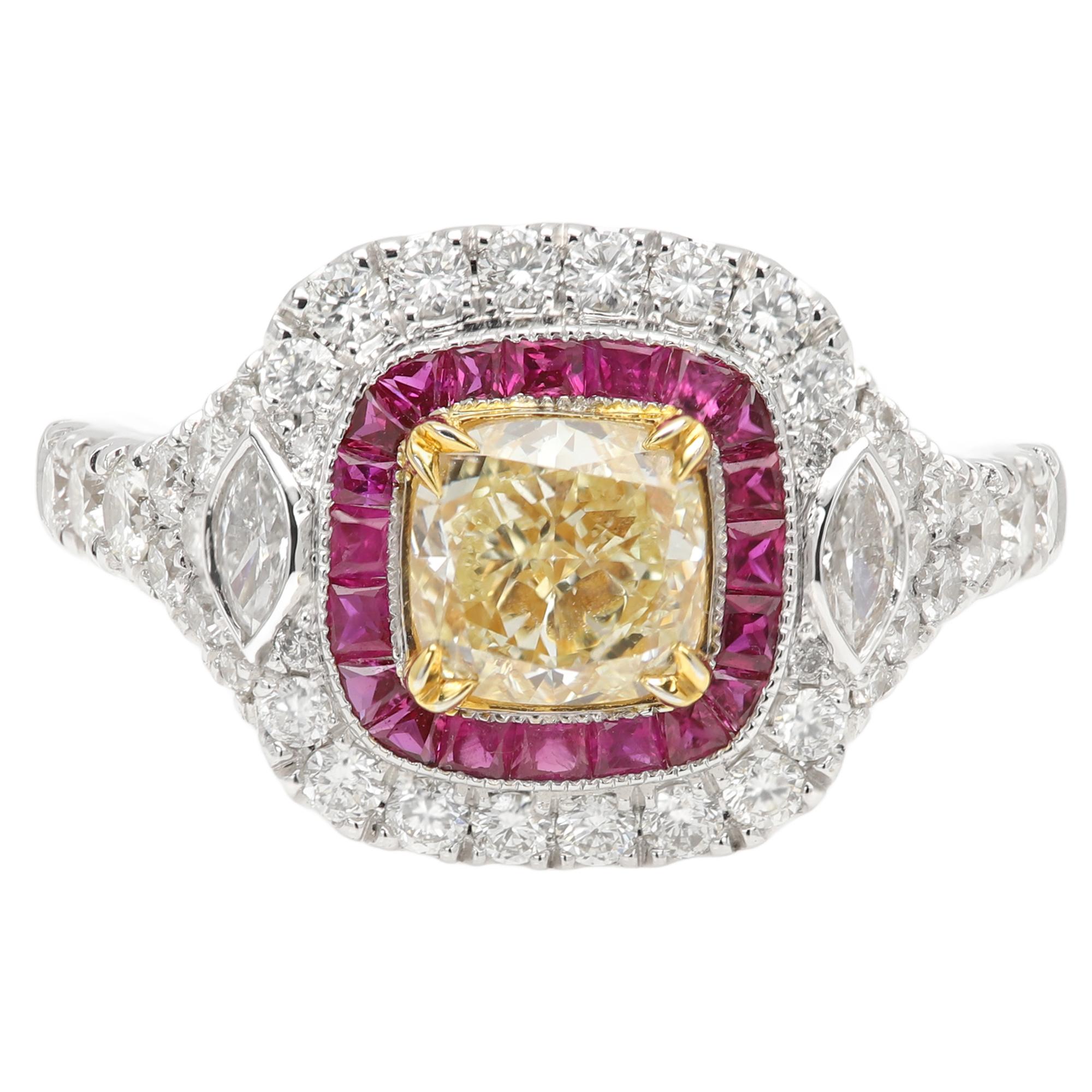 Cushion Cut 1.17 carat Yellow Diamond Red Ruby Ring 18K Gold Art Deco Ring For Sale