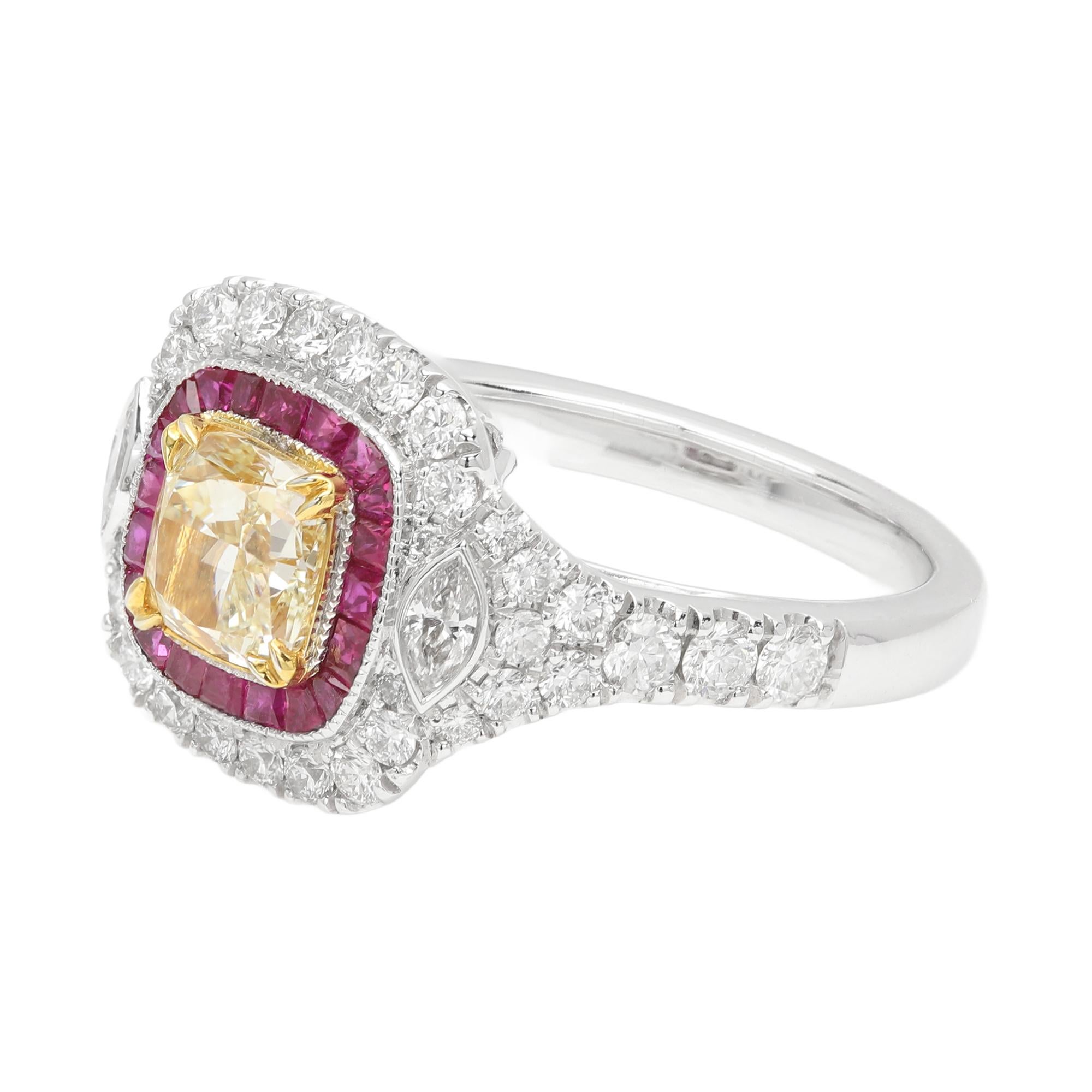 1.17 carat Yellow Diamond Red Ruby Ring 18K Gold Art Deco Ring In New Condition For Sale In Brooklyn, NY