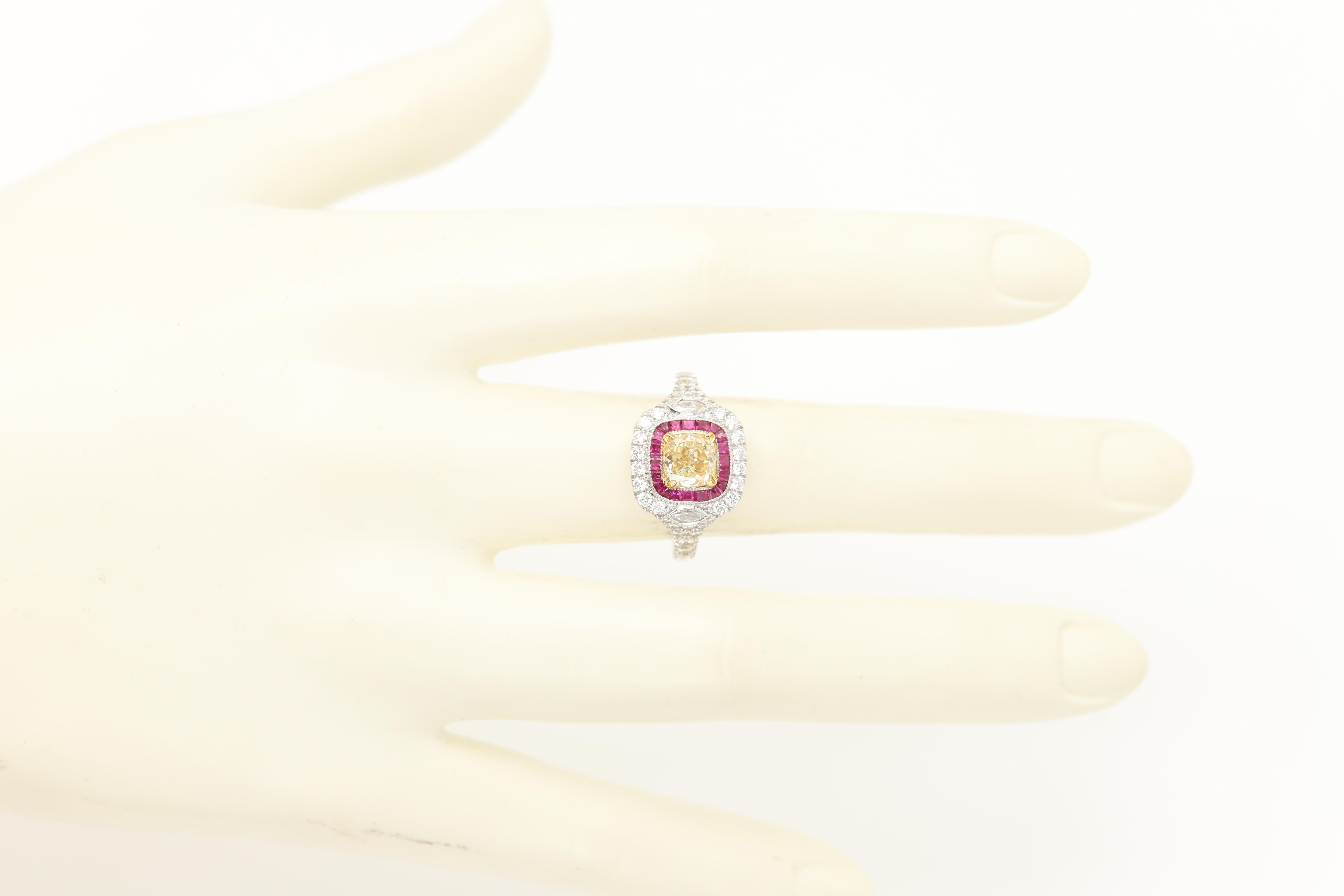 Women's 1.17 carat Yellow Diamond Red Ruby Ring 18K Gold Art Deco Ring For Sale