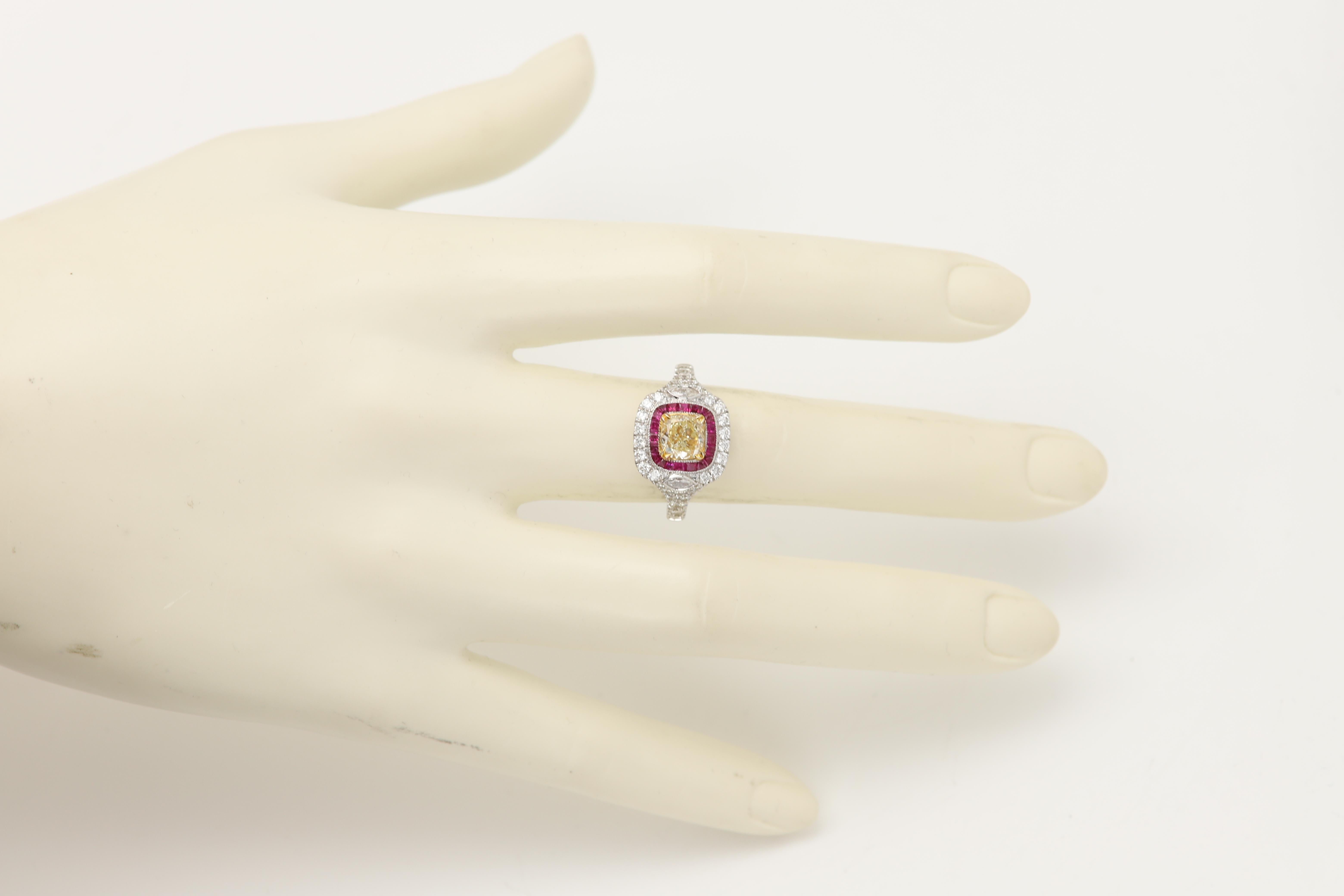1.17 carat Yellow Diamond Red Ruby Ring 18K Gold Art Deco Ring For Sale 1