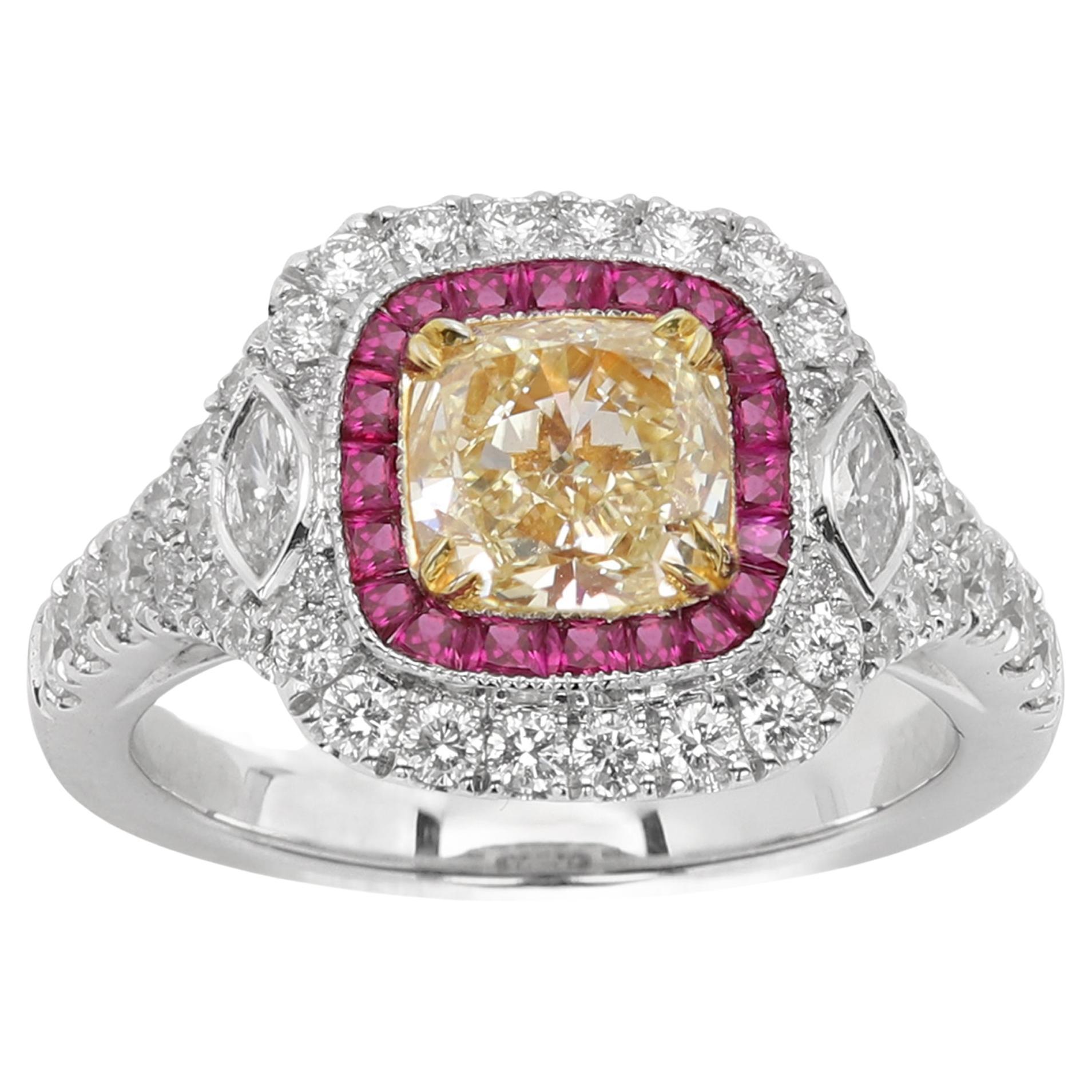 1.17 carat Yellow Diamond Red Ruby Ring 18K Gold Art Deco Ring For Sale