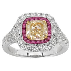 1.17 carat Yellow Diamond Red Ruby Ring 18K Gold Art Deco Ring