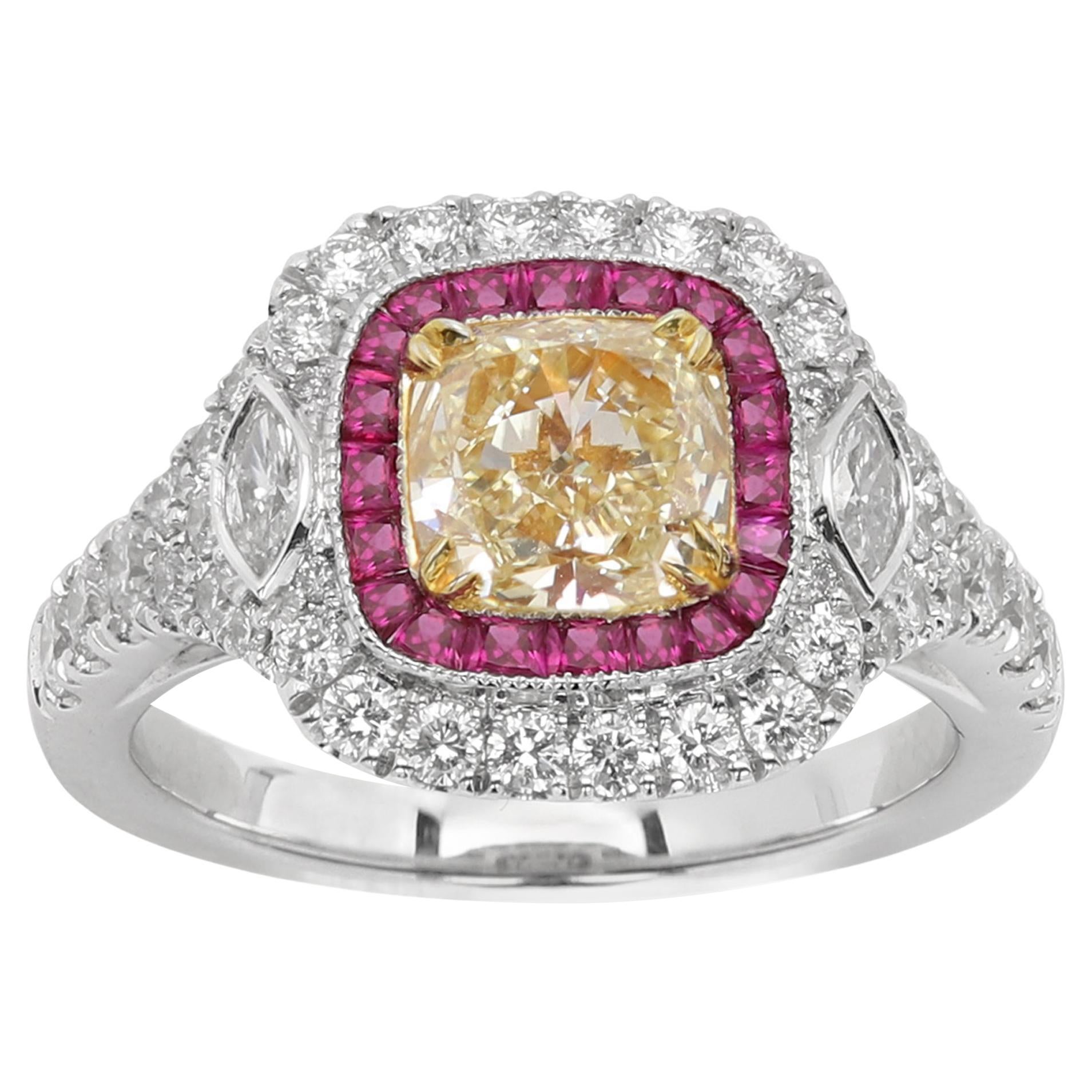 1.17 Carat Yellow Diamond Ring Natural Ruby 18K Gold Art Deco Jewelry #4