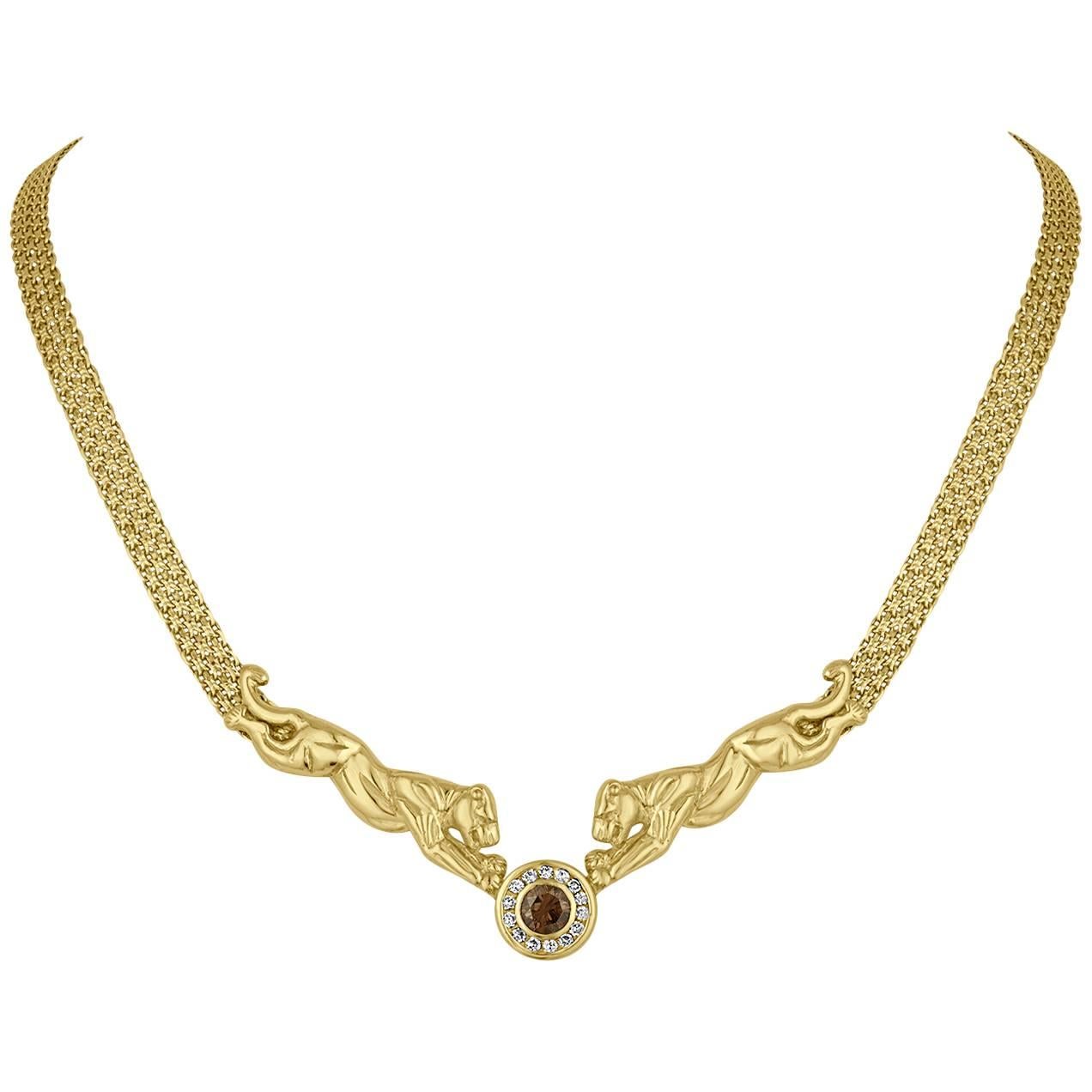 1.17 Carats Champagne Diamond Yellow Gold Panther Necklace For Sale