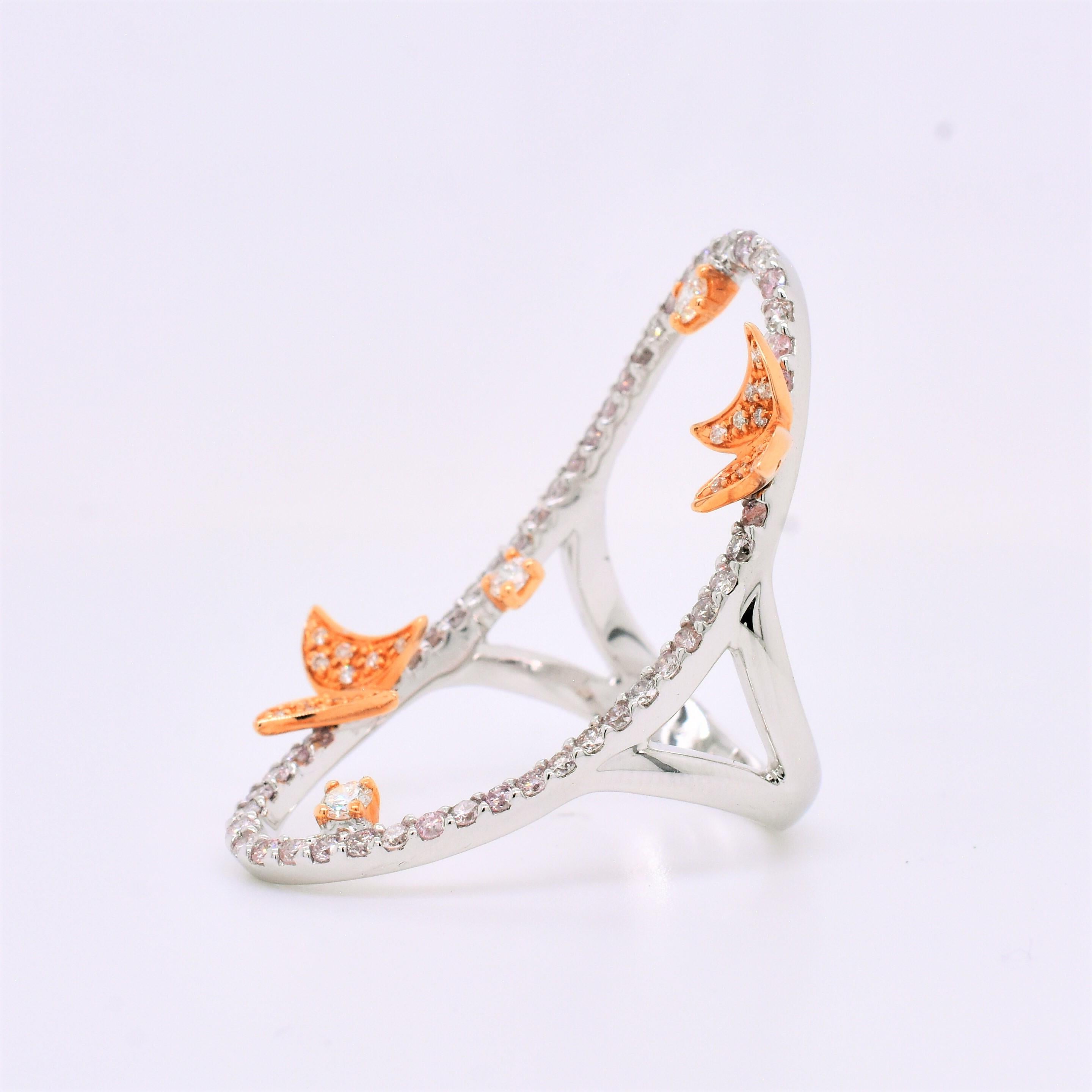 Let butterflies float across your fingers with this two-tone white & rose gold diamond-embellished ring in 18K gold. The Shimon's Creations piece looks equally beautiful alone or worn in multiples. Additional sizes may be available through special