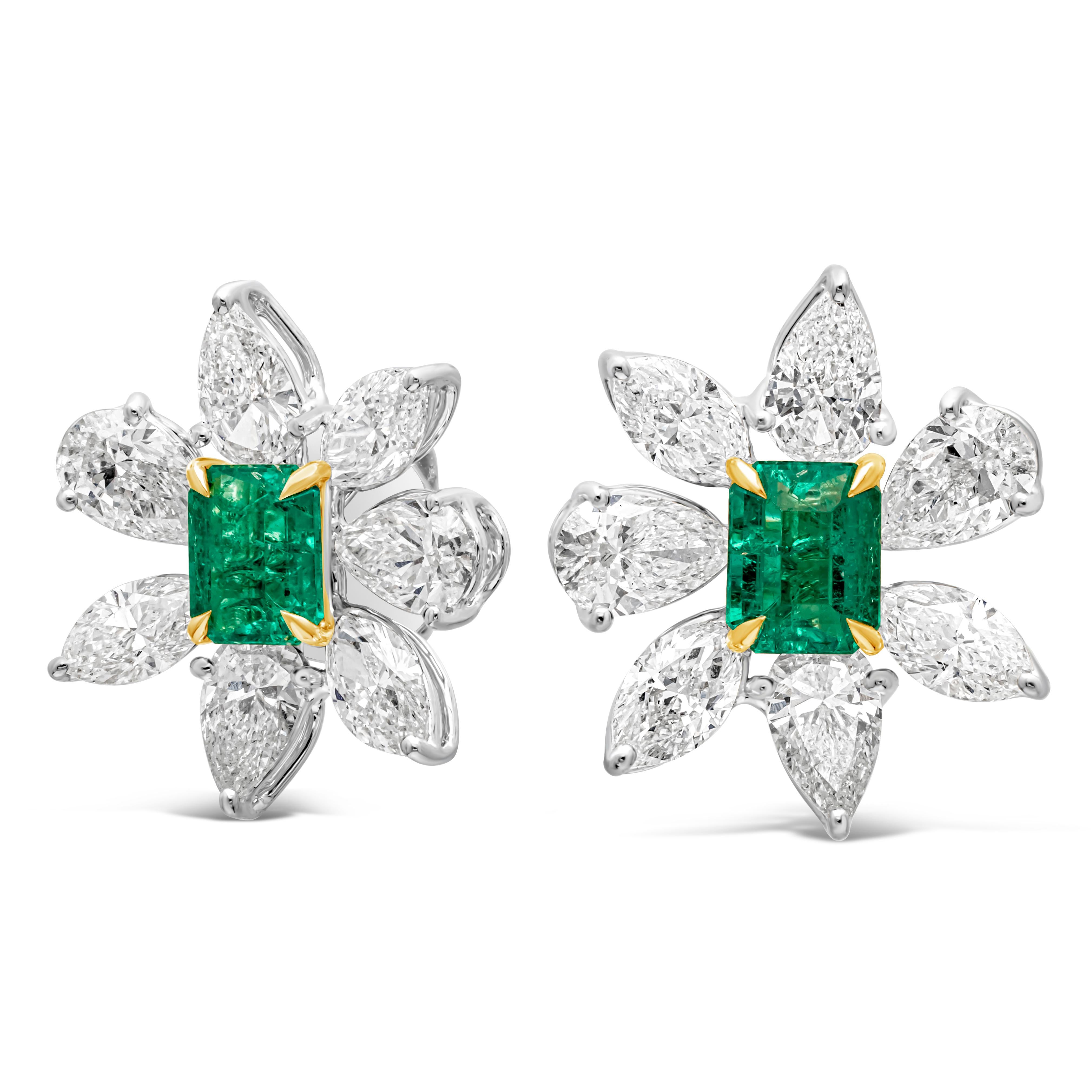 A very beautiful and fashionable pair of stud earrings, featuring radiant cut color-rich green emeralds weighing 1.17 carats total, set on a classic four prong basket setting made of 18K yellow gold. Surrounded by brilliant pear and marquise shape