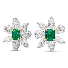 1.17 Carats Total Radiant Cut Green Emerald & Mixed Cut Diamond Stud Earrings