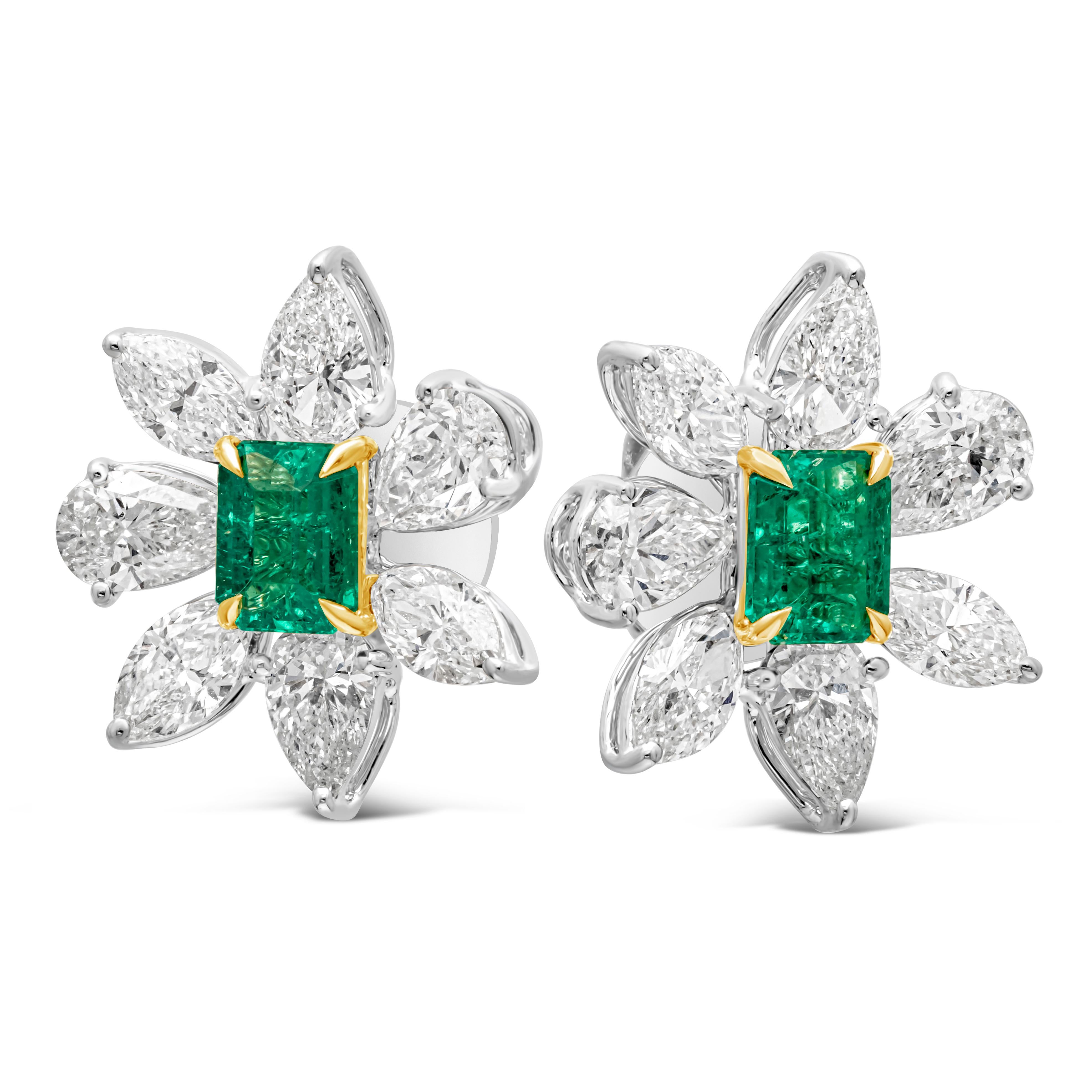 Contemporary 1.17 Carats Total Radiant Cut Green Emerald & Mixed Cut Diamond Stud Earrings For Sale