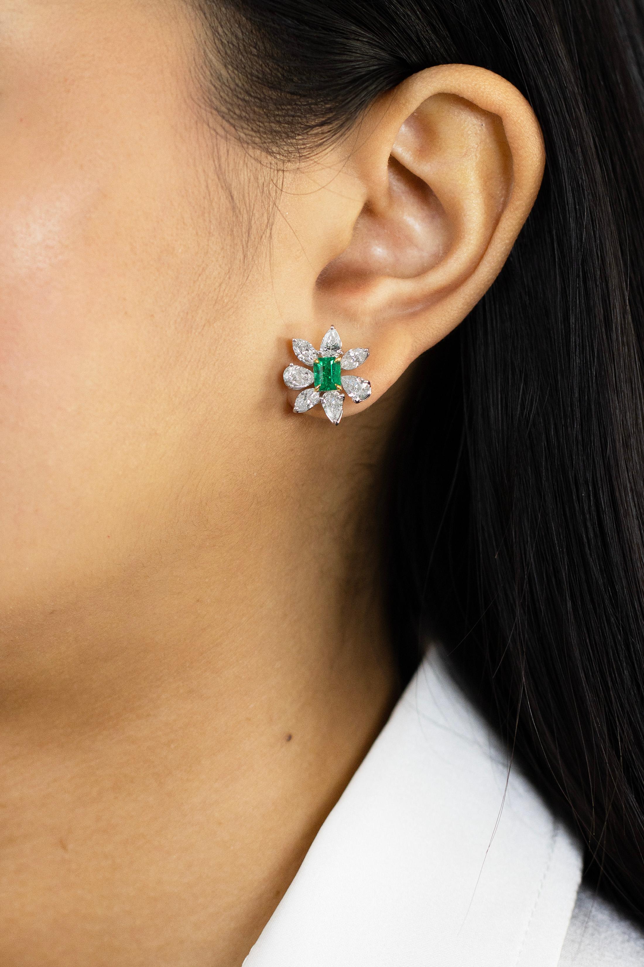 1.17 Carats Total Radiant Cut Green Emerald & Mixed Cut Diamond Stud Earrings For Sale 1