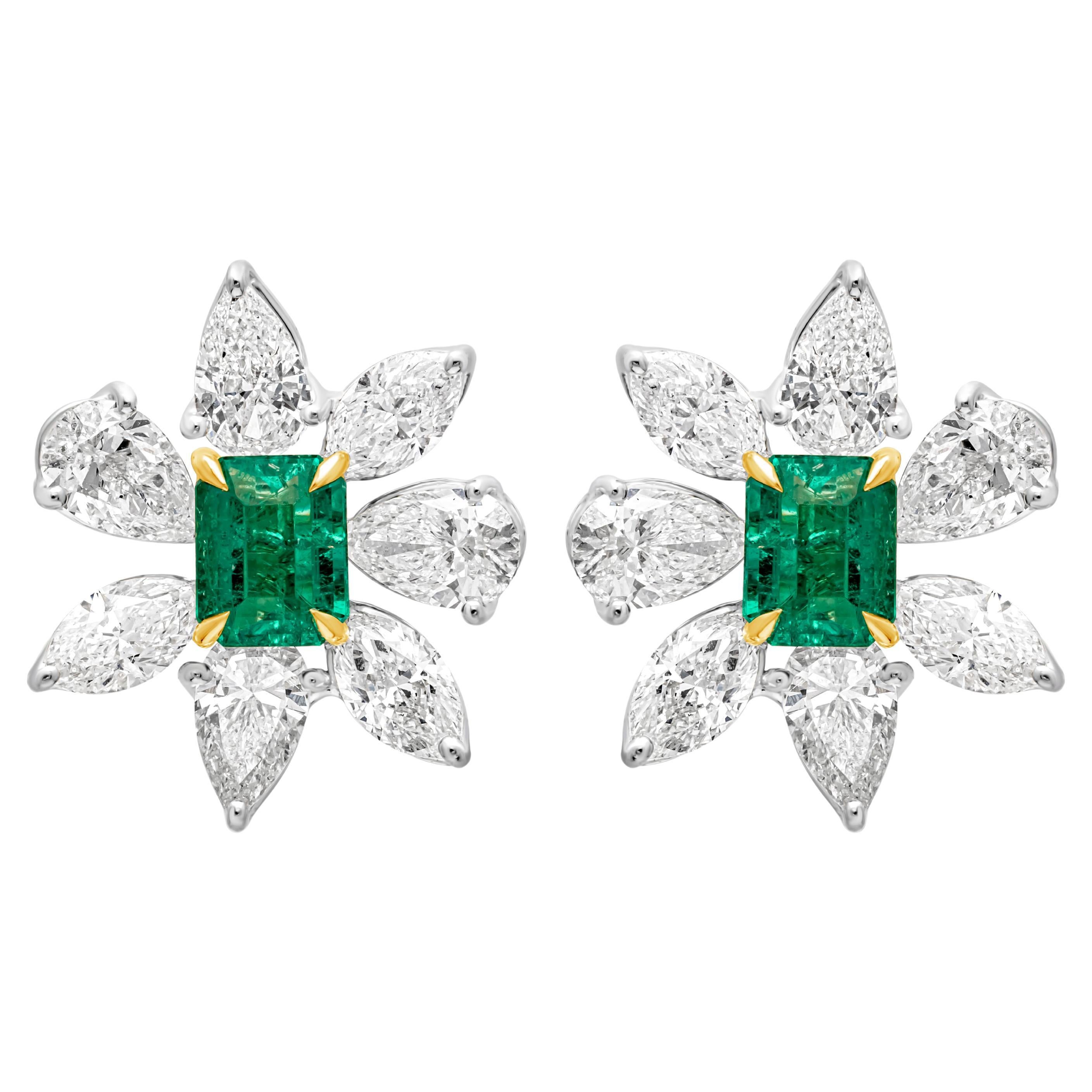 1.17 Carats Total Radiant Cut Green Emerald & Mixed Cut Diamond Stud Earrings For Sale