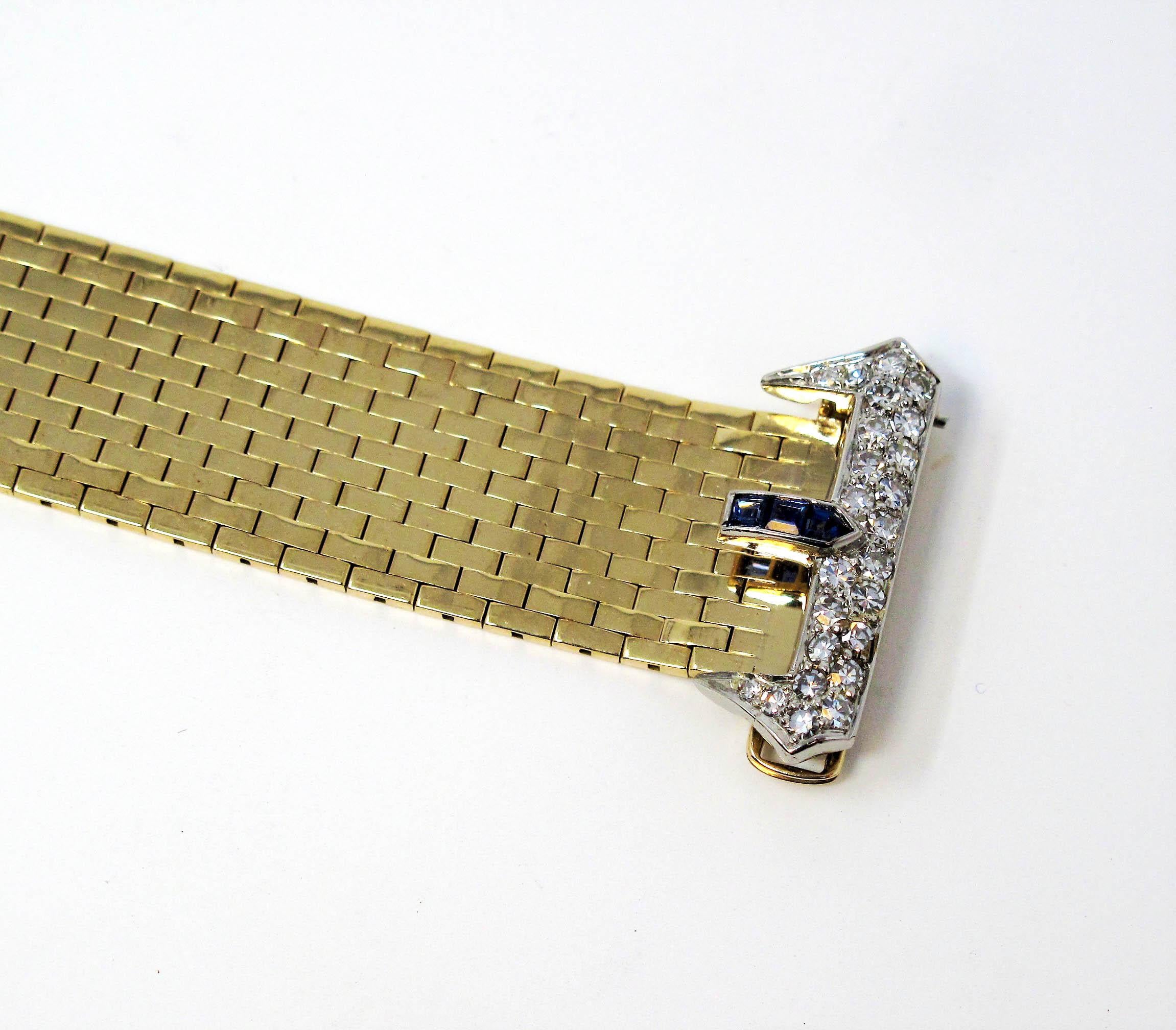 1.17 Carat Total Sapphire and Diamond Brick Link Buckle Bracelet 14 Karat Gold 2