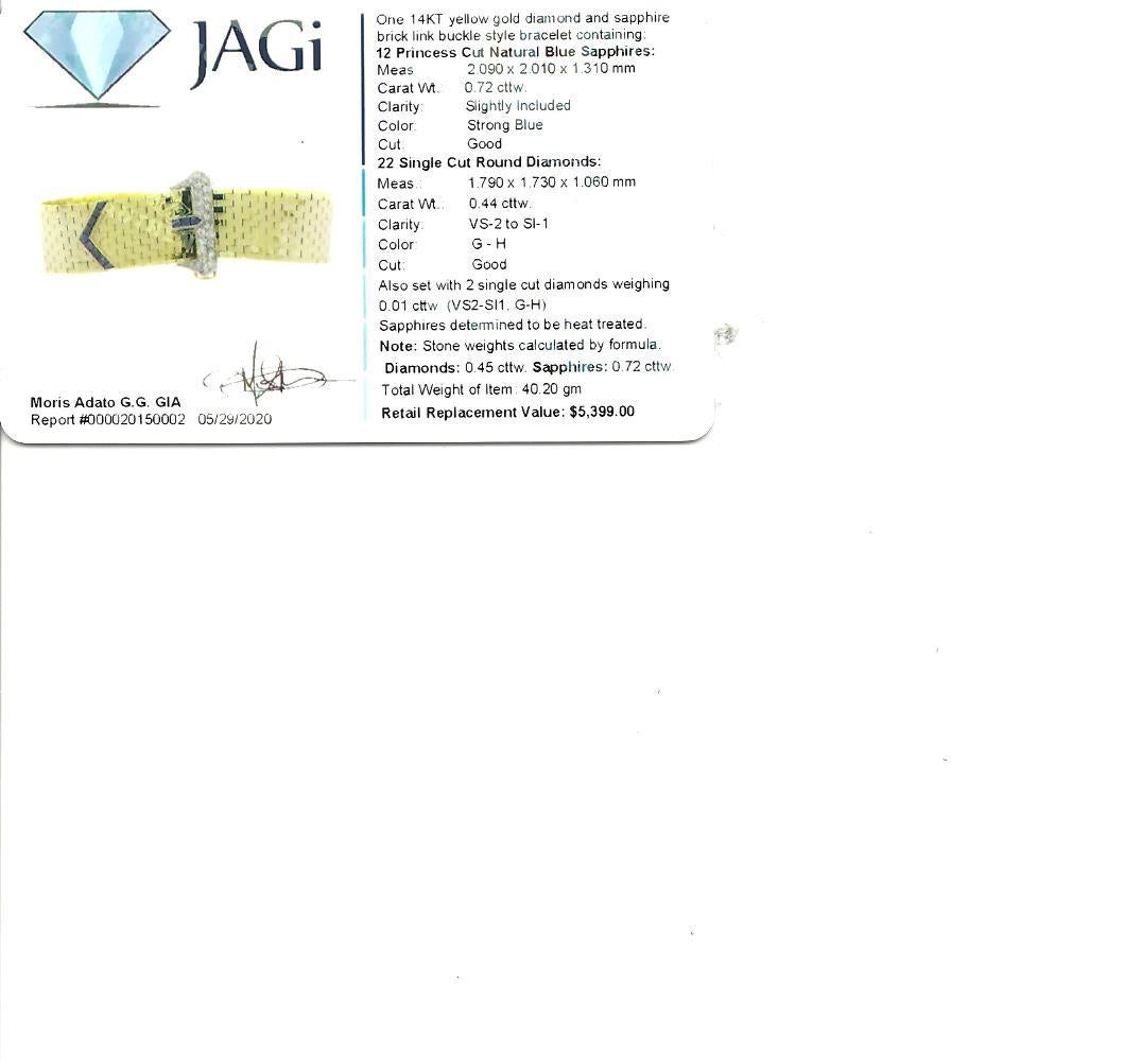 1.17 Carat Total Sapphire and Diamond Brick Link Buckle Bracelet 14 Karat Gold 6