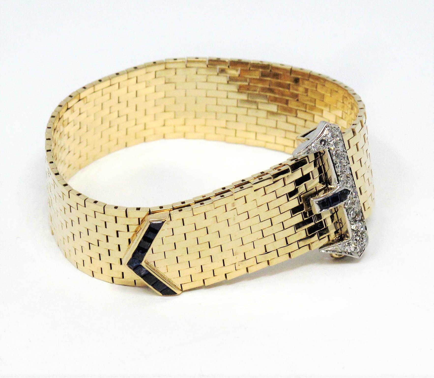 1.17 Carat Total Sapphire and Diamond Brick Link Buckle Bracelet 14 Karat Gold 1