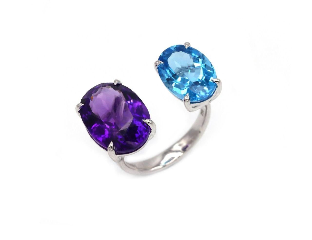 Oval Cut 11.7 Ct Amethyst Blue Topaz 18 K White Gold Cocktail Ring For Sale